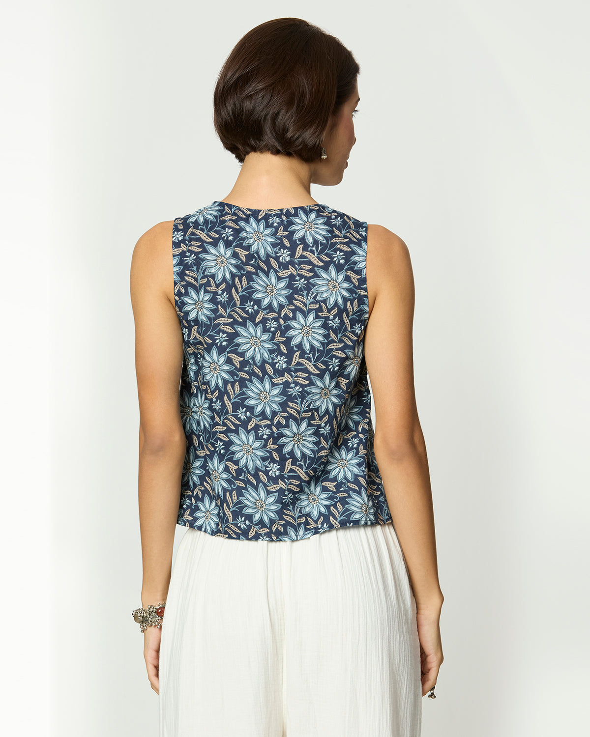 Shades of Blue, Grey & Beige Top with Lace Detailing