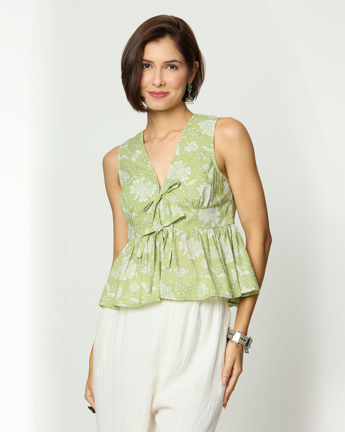 Sage Green & White Floral Tie-Up Top