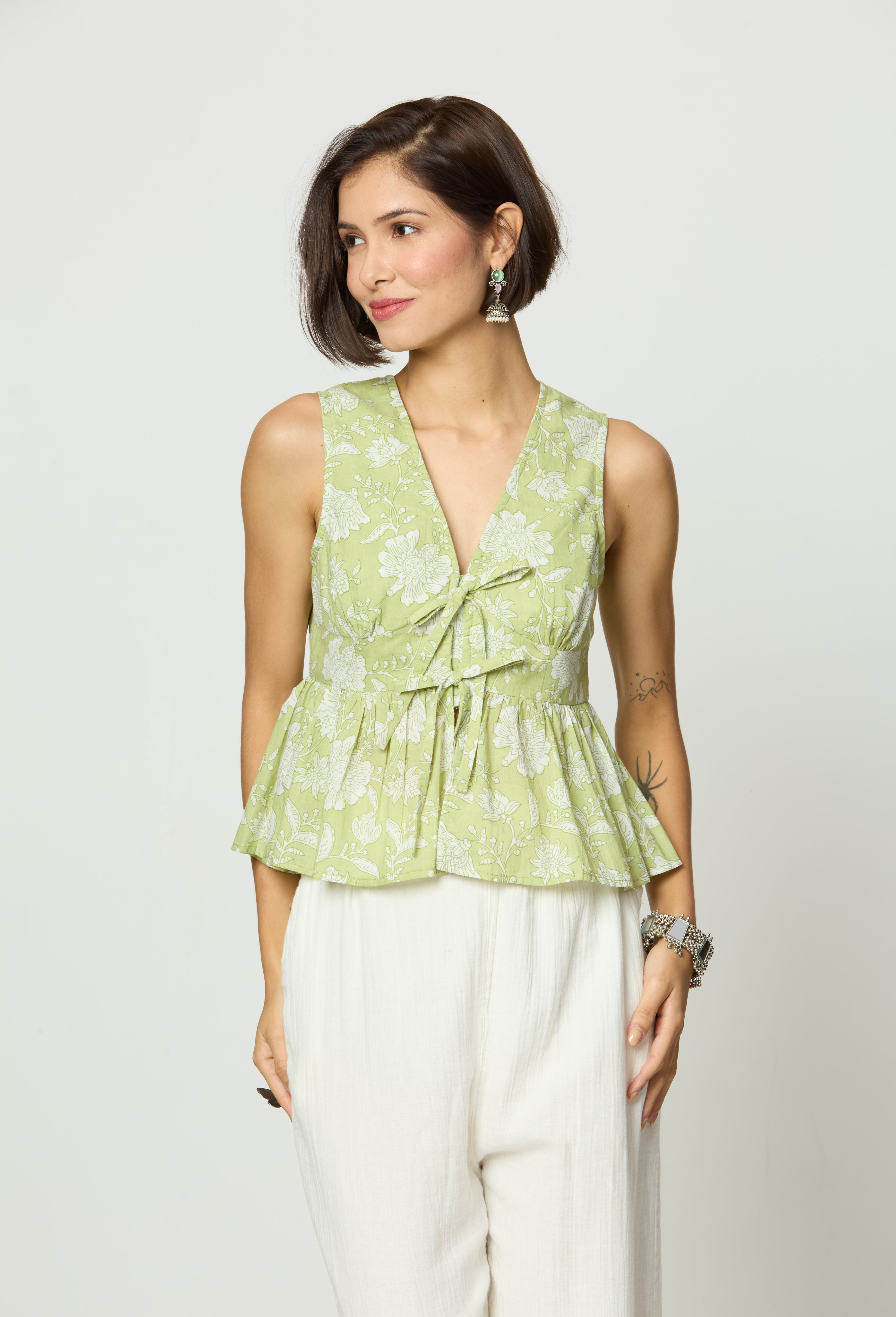 Sage Green & White Floral Tie-Up Top