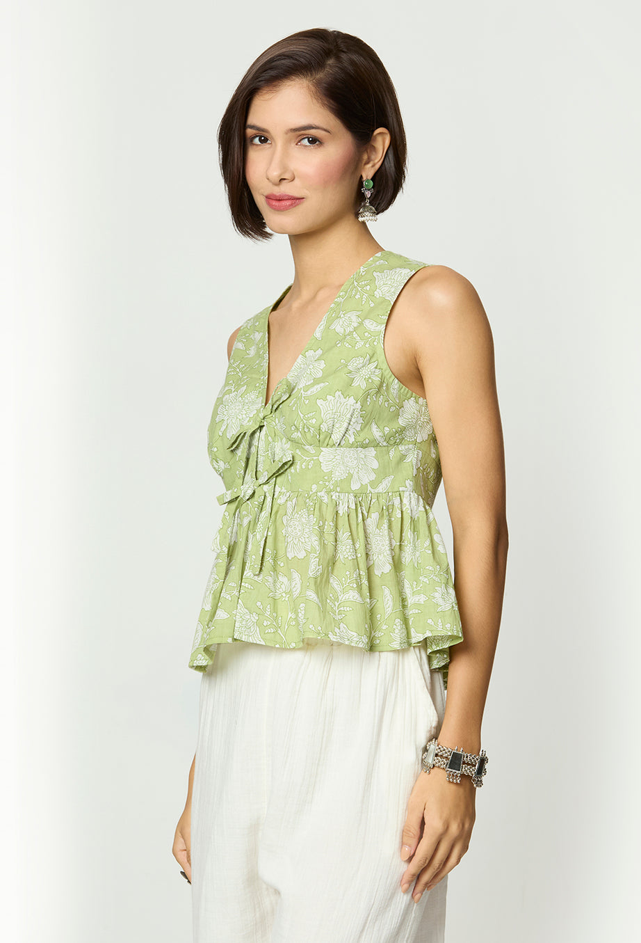 Sage Green & White Floral Tie-Up Top