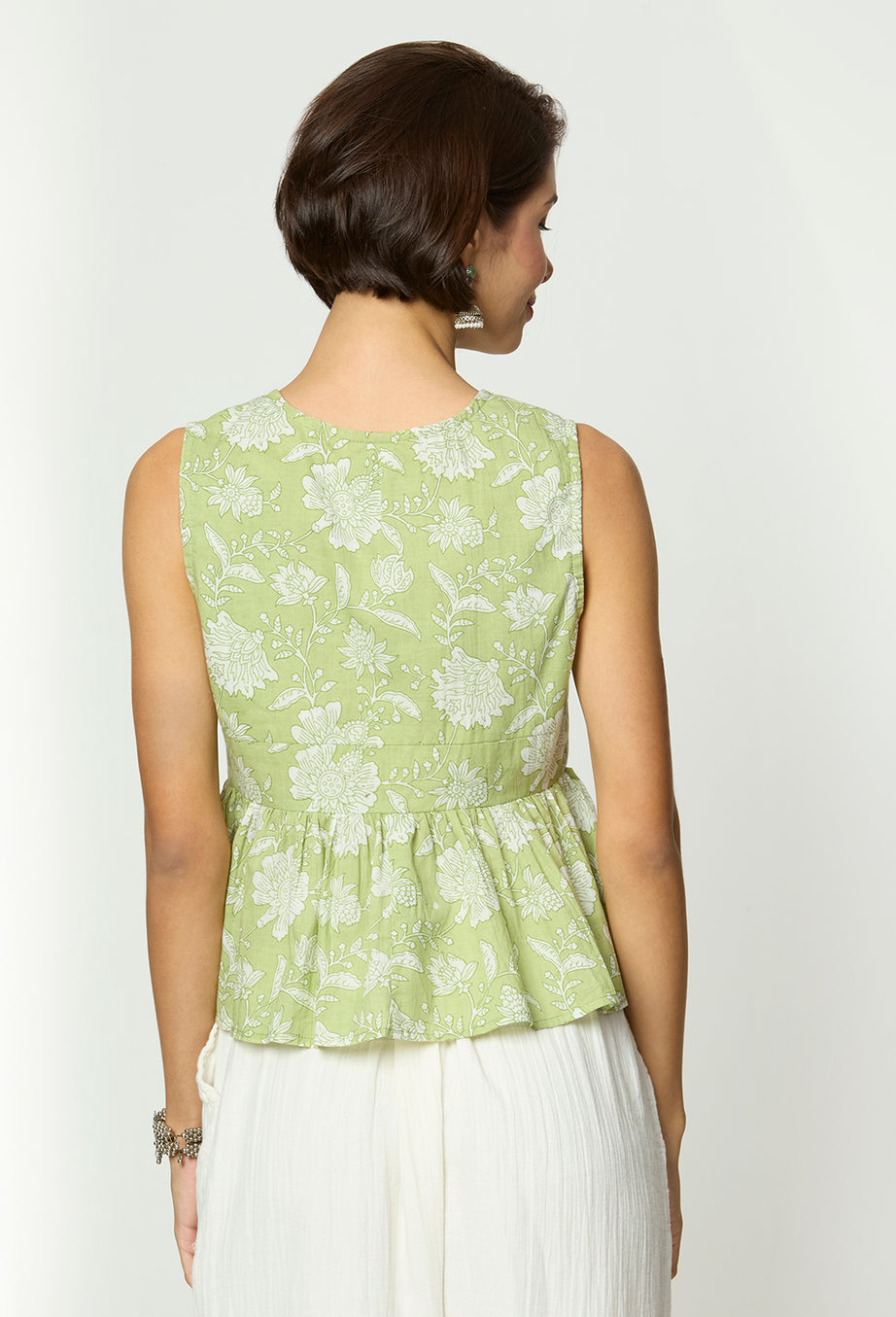 Sage Green & White Floral Tie-Up Top