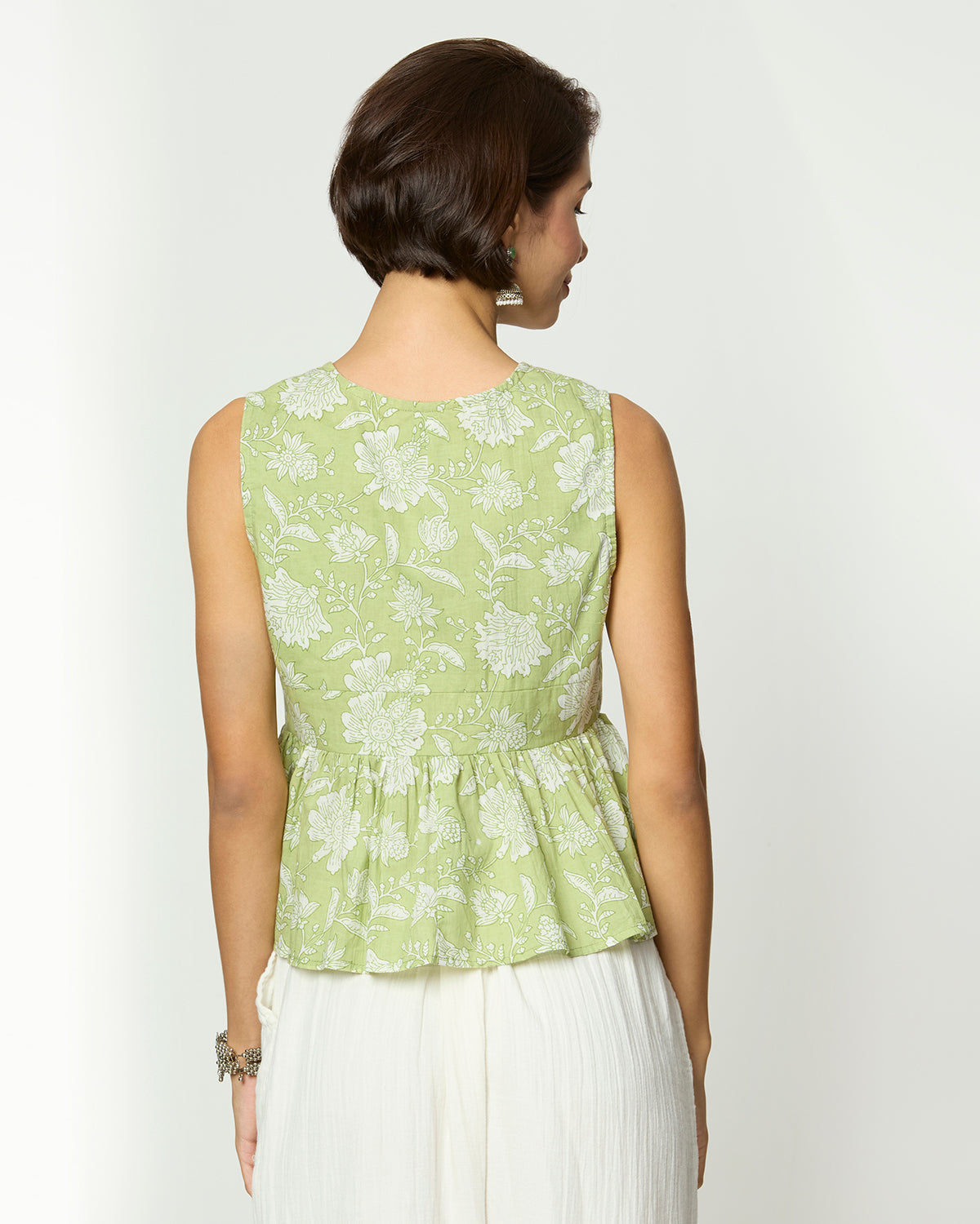 Sage Green & White Floral Tie-Up Top