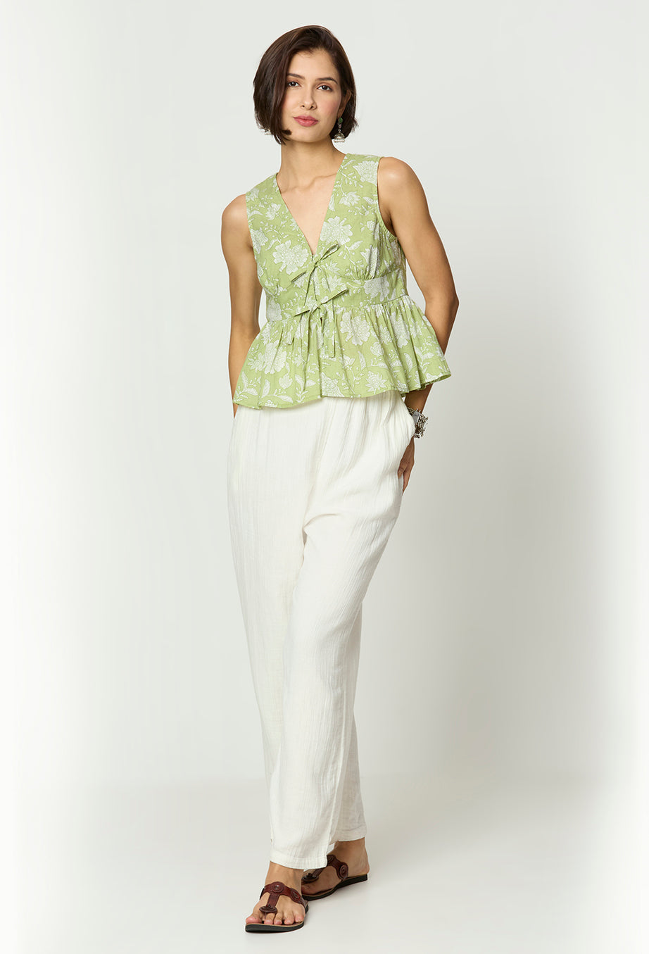 Sage Green & White Floral Tie-Up Top