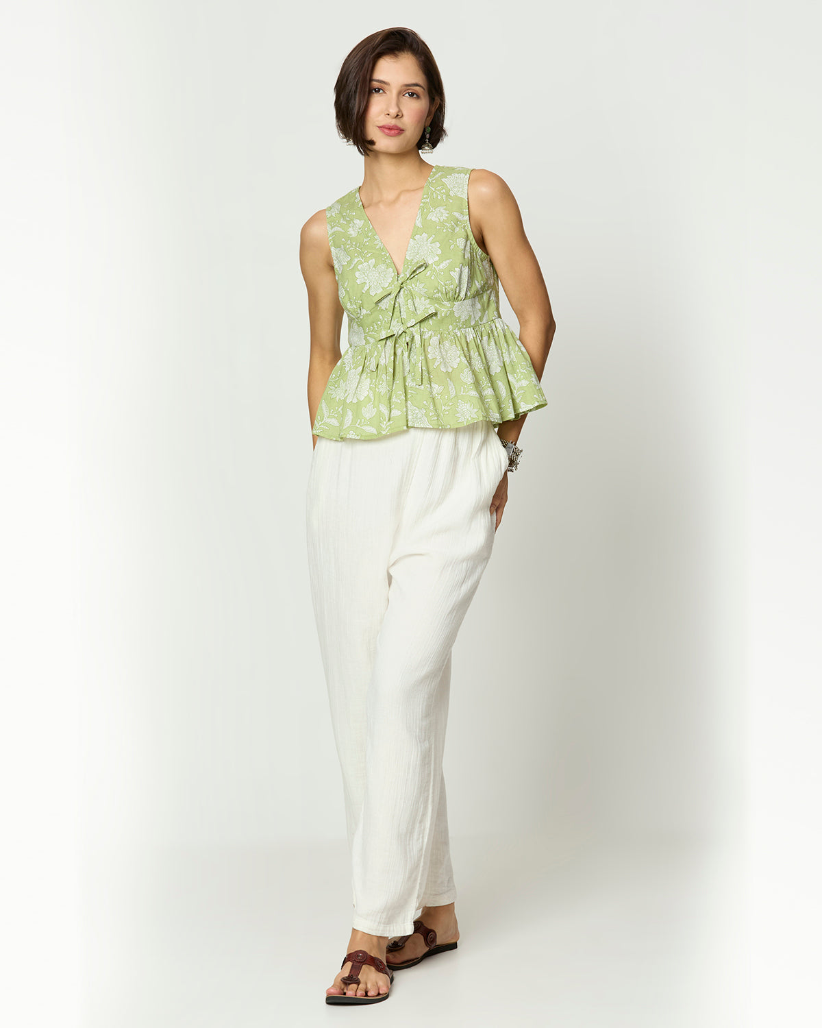 Sage Green & White Floral Tie-Up Top