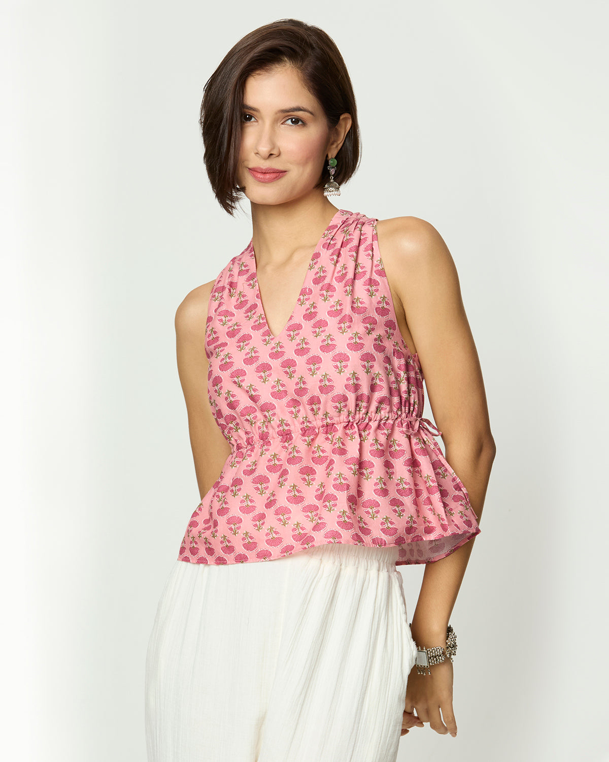 Pink Floral Sleeveless Tie-Up Top