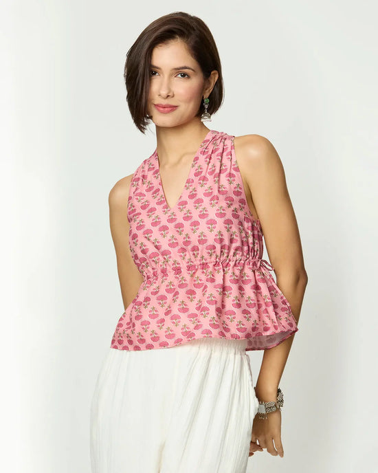Pink Floral Sleeveless Tie-Up Top Desi Core