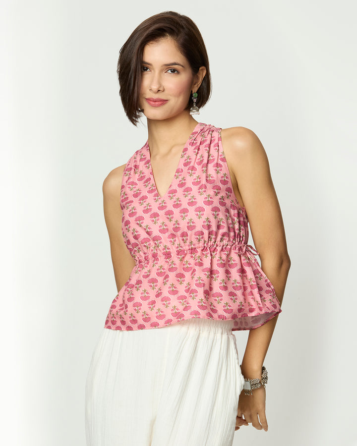 Pink Floral Sleeveless Tie-Up Top Desi Core
