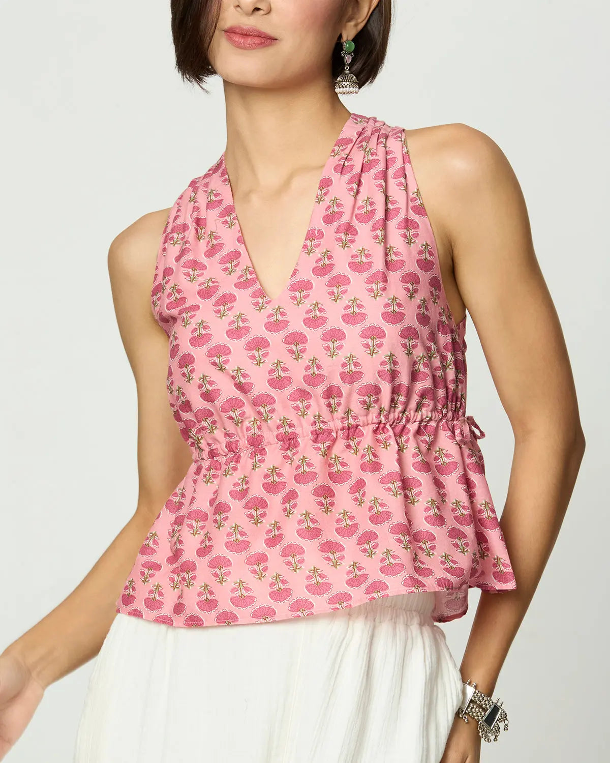 Pink Floral Sleeveless Tie-Up Top Desi Core