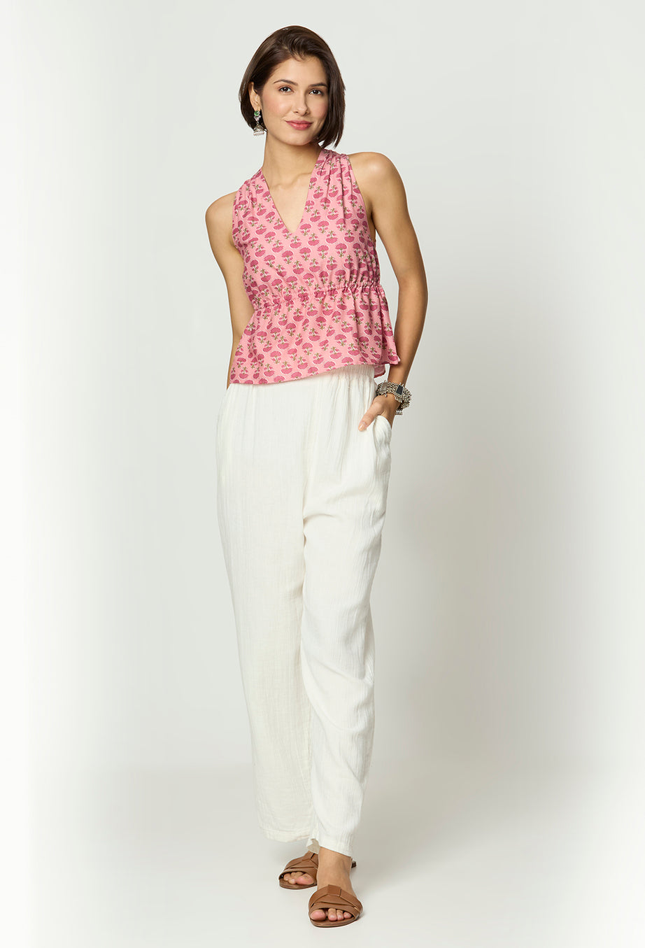 Pink Floral Sleeveless Tie-Up Top