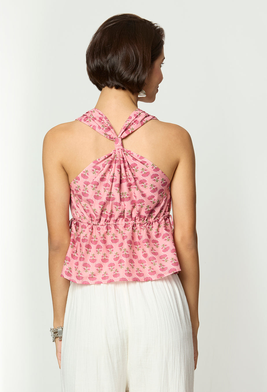 Pink Floral Sleeveless Tie-Up Top