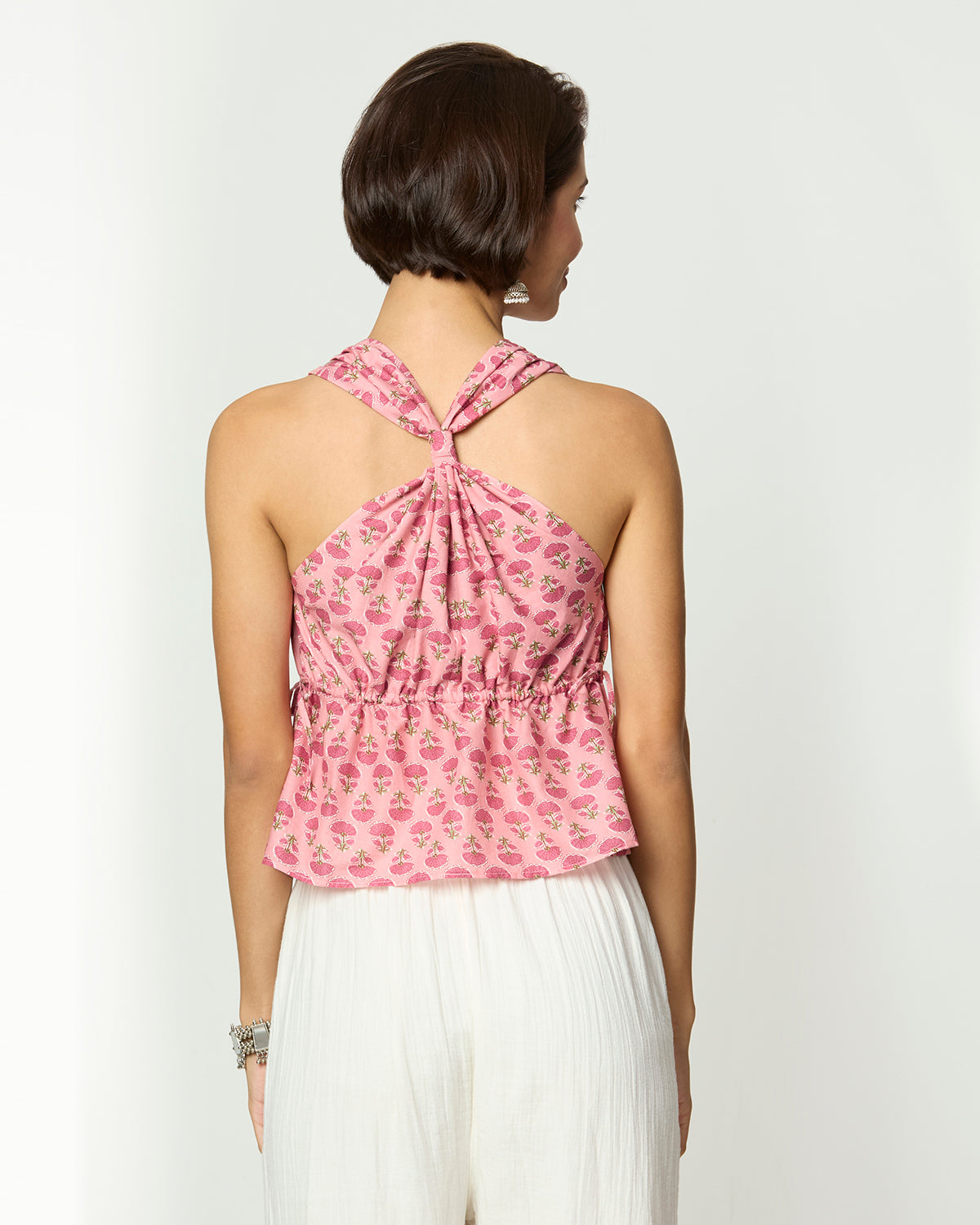 Pink Floral Sleeveless Tie-Up Top