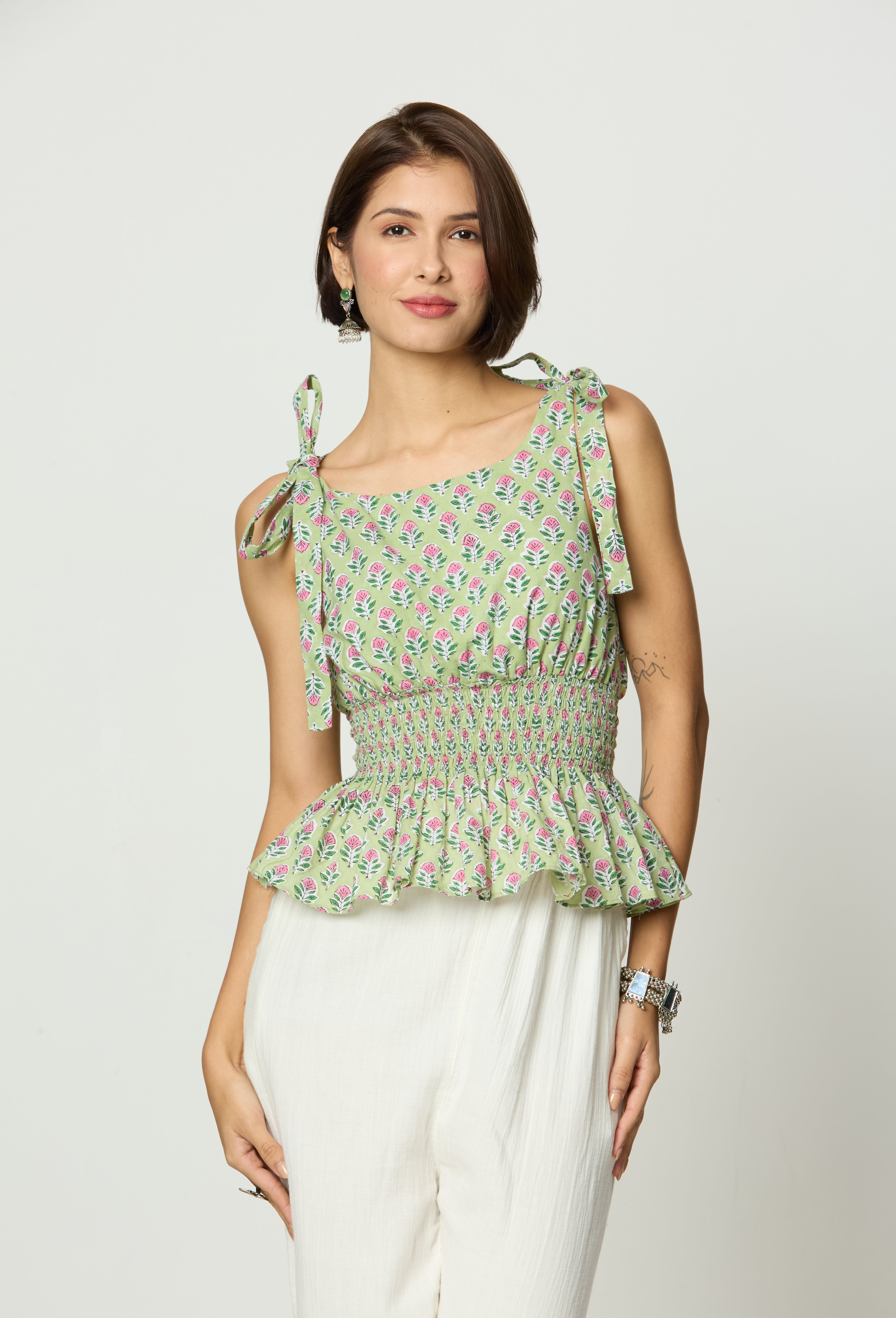Light Green & Pink Floral Printed Smocked Tie-Up Top