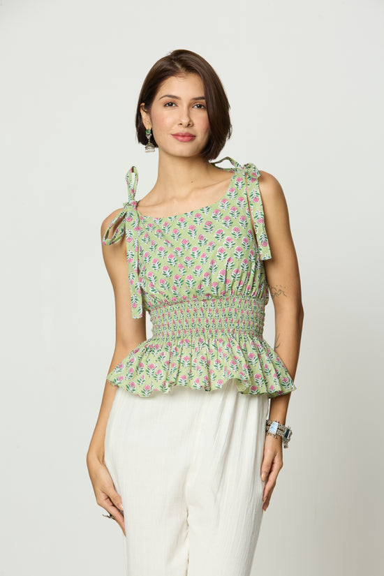 Light Green & Pink Floral Printed Smocked Tie-Up Top Desi Core