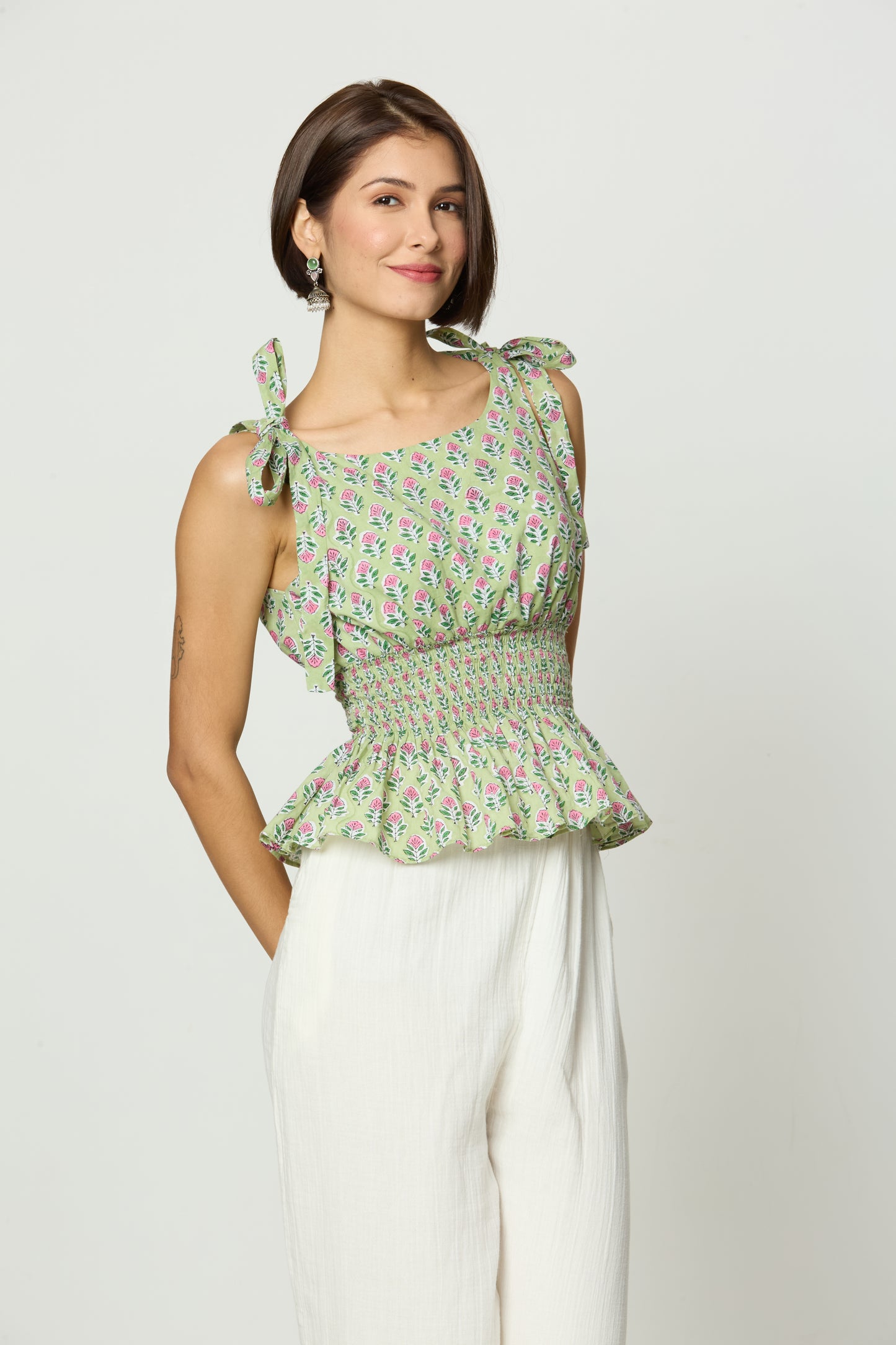 Light Green & Pink Floral Printed Smocked Tie-Up Top Desi Core