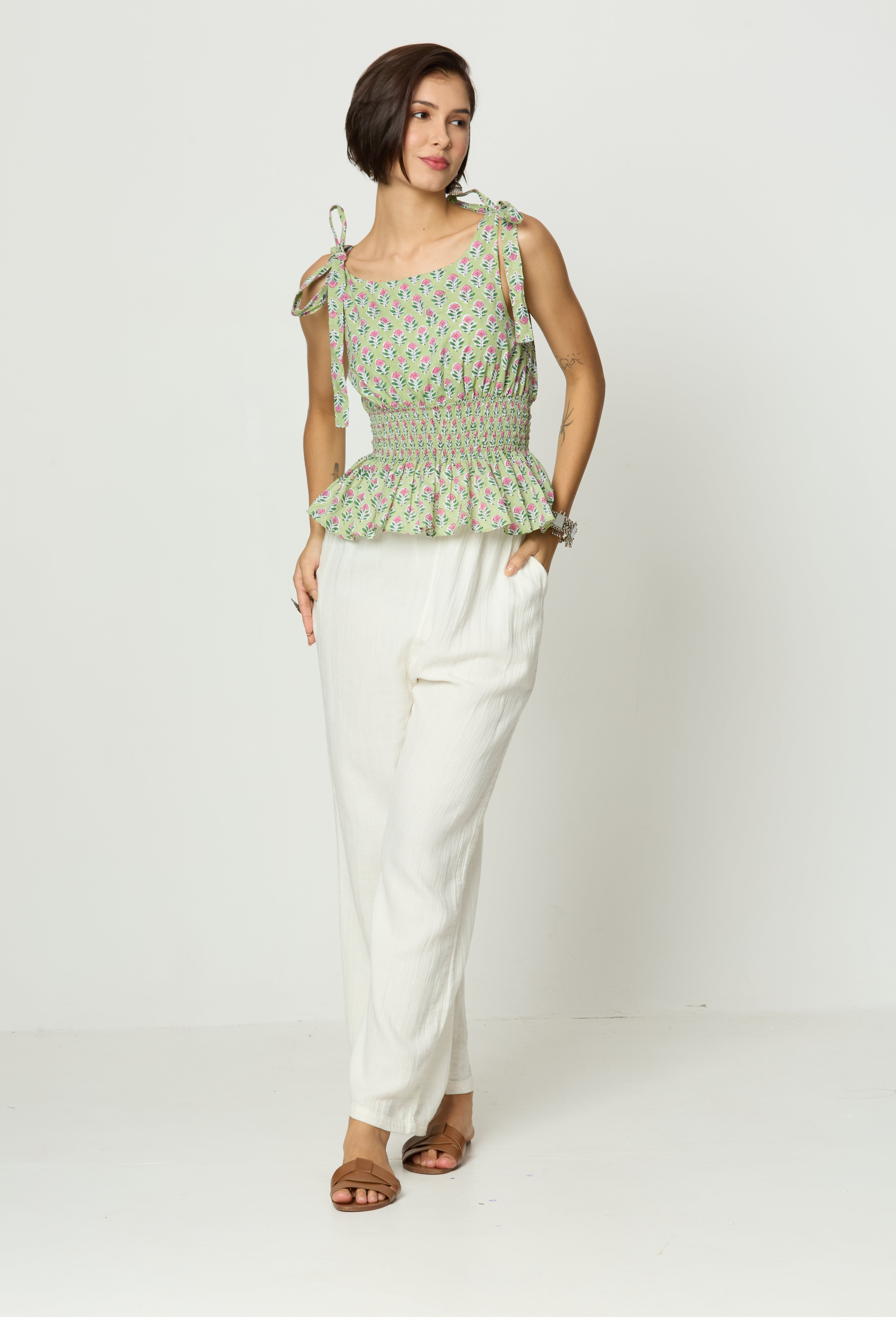 Light Green & Pink Floral Printed Smocked Tie-Up Top