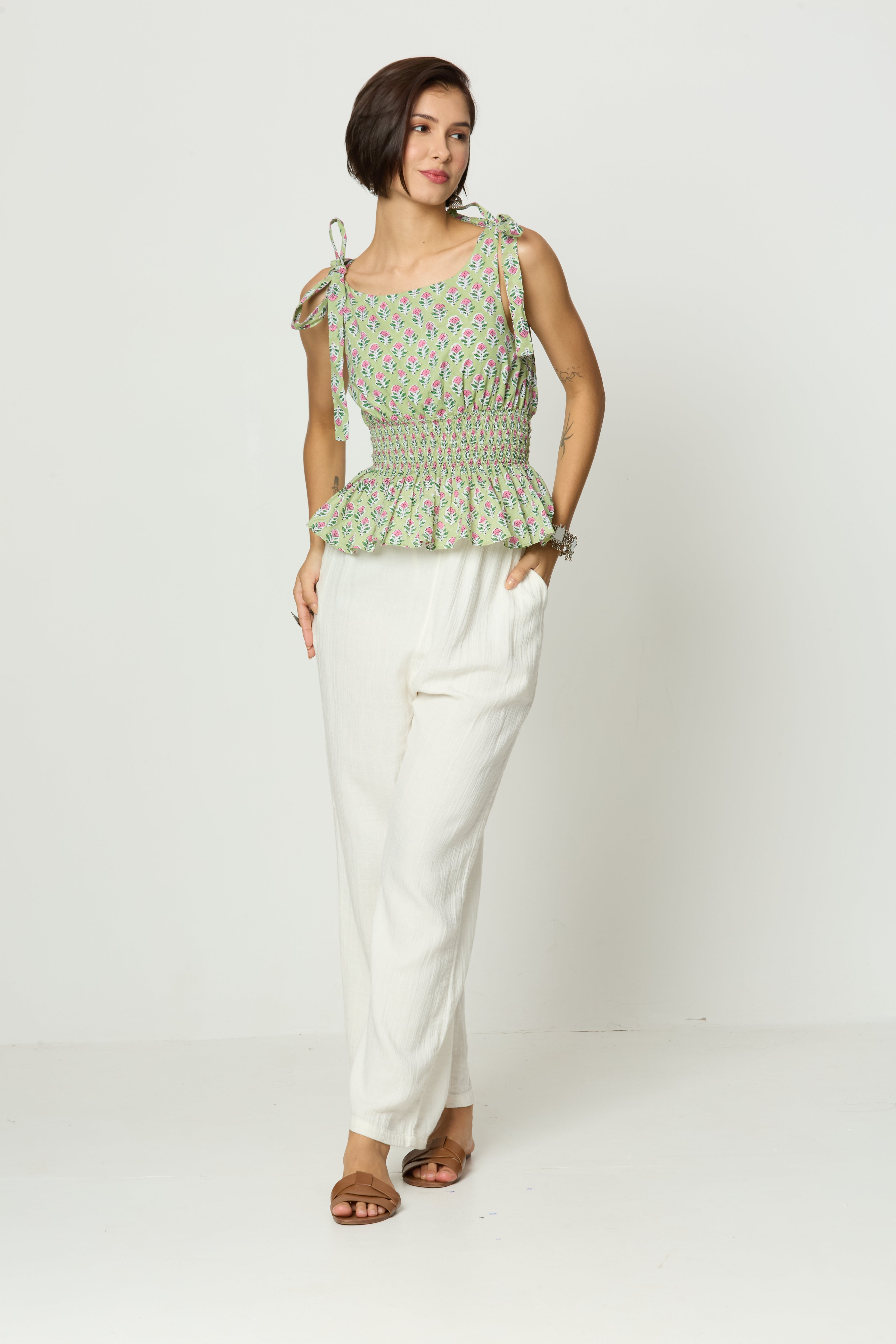 Light Green & Pink Floral Printed Smocked Tie-Up Top
