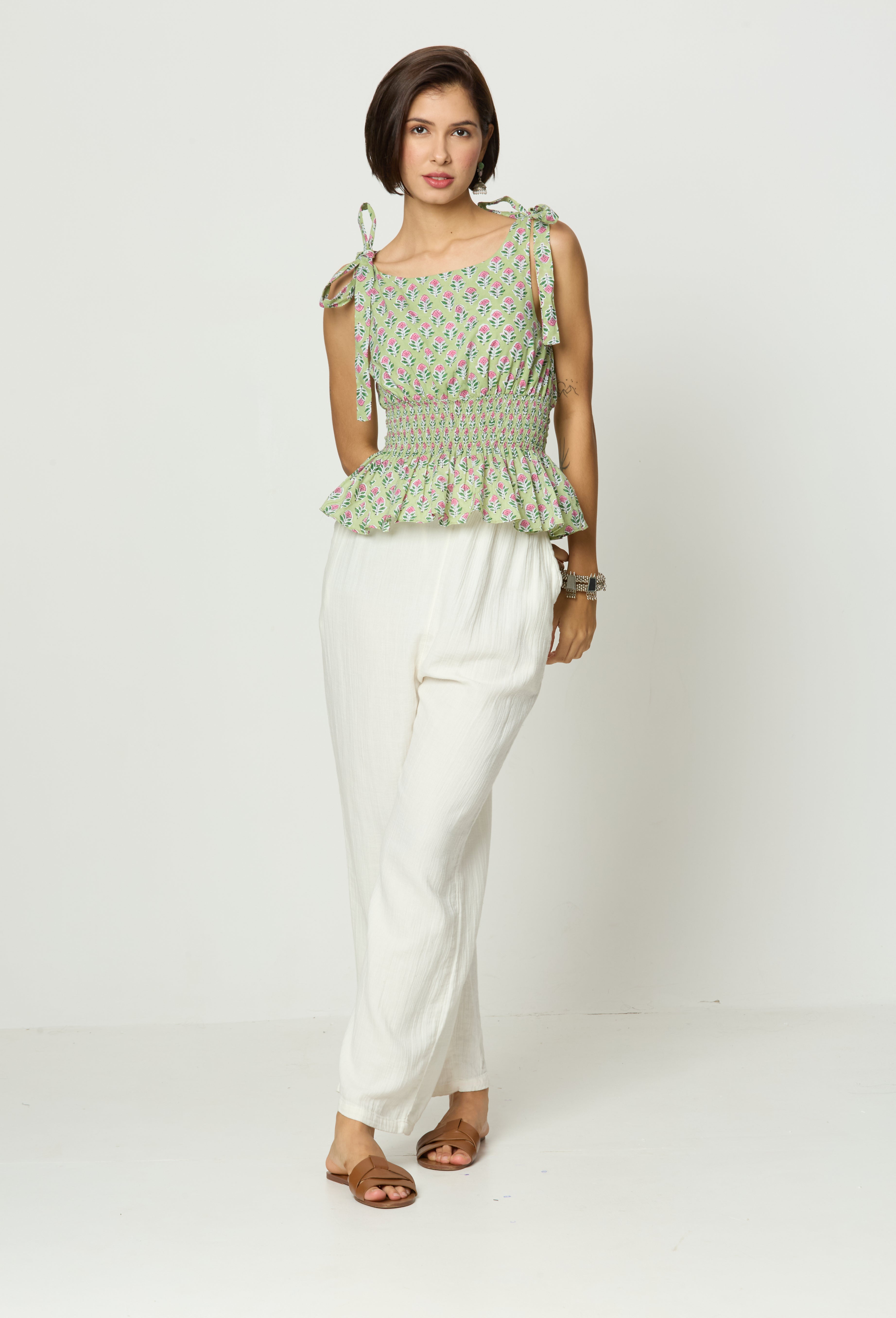 Light Green & Pink Floral Printed Smocked Tie-Up Top