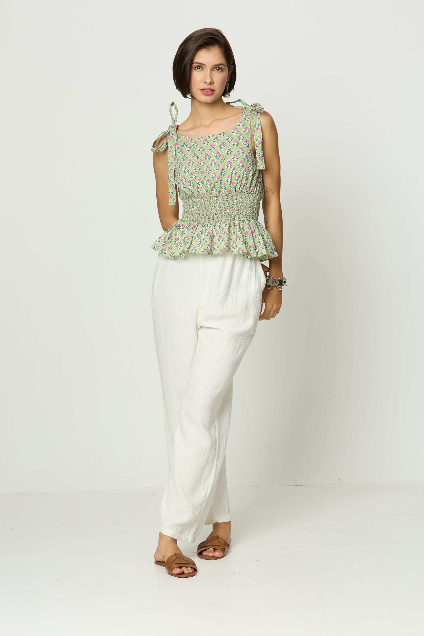 Light Green & Pink Floral Printed Smocked Tie-Up Top Desi Core