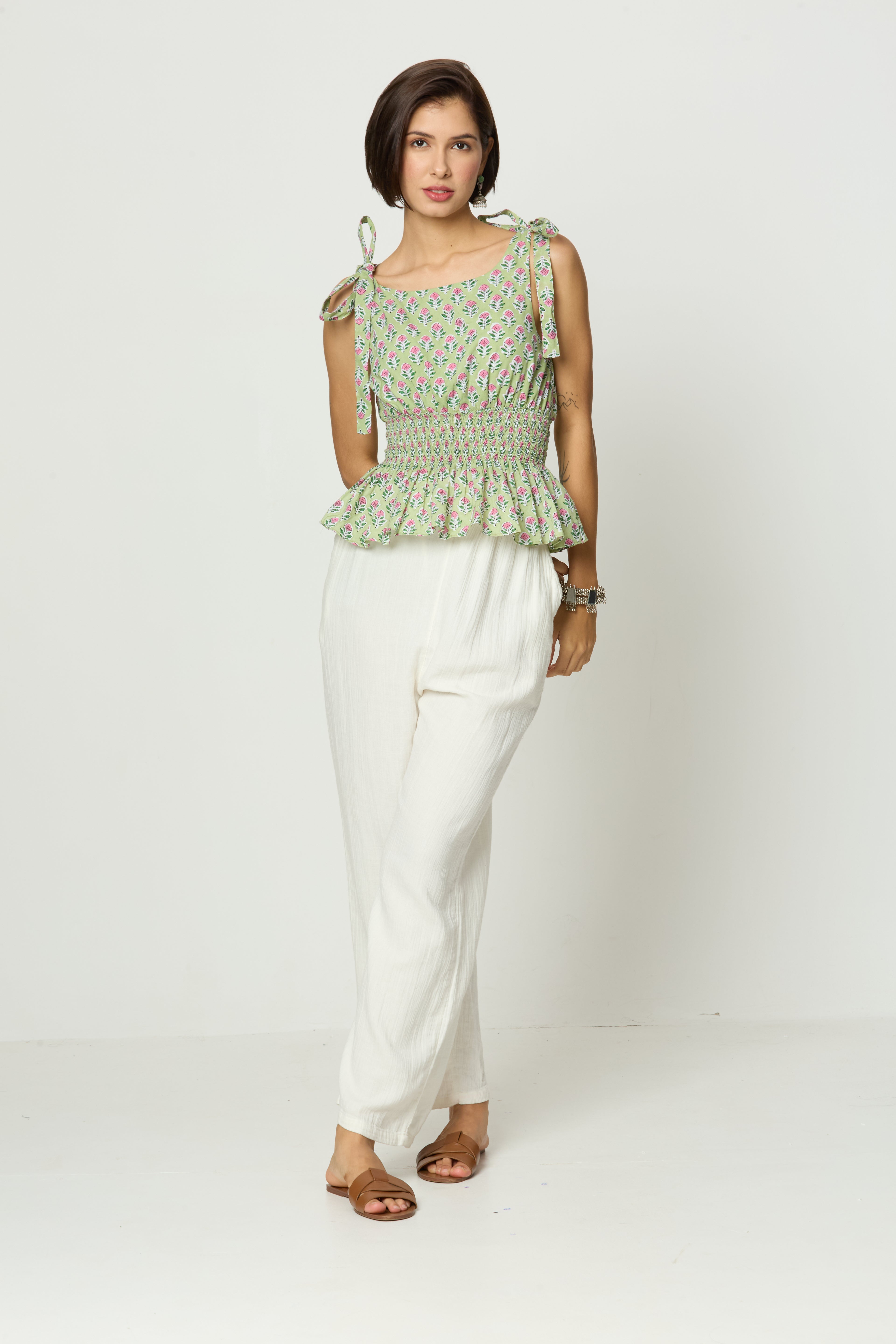 Light Green & Pink Floral Printed Smocked Tie-Up Top Desi Core