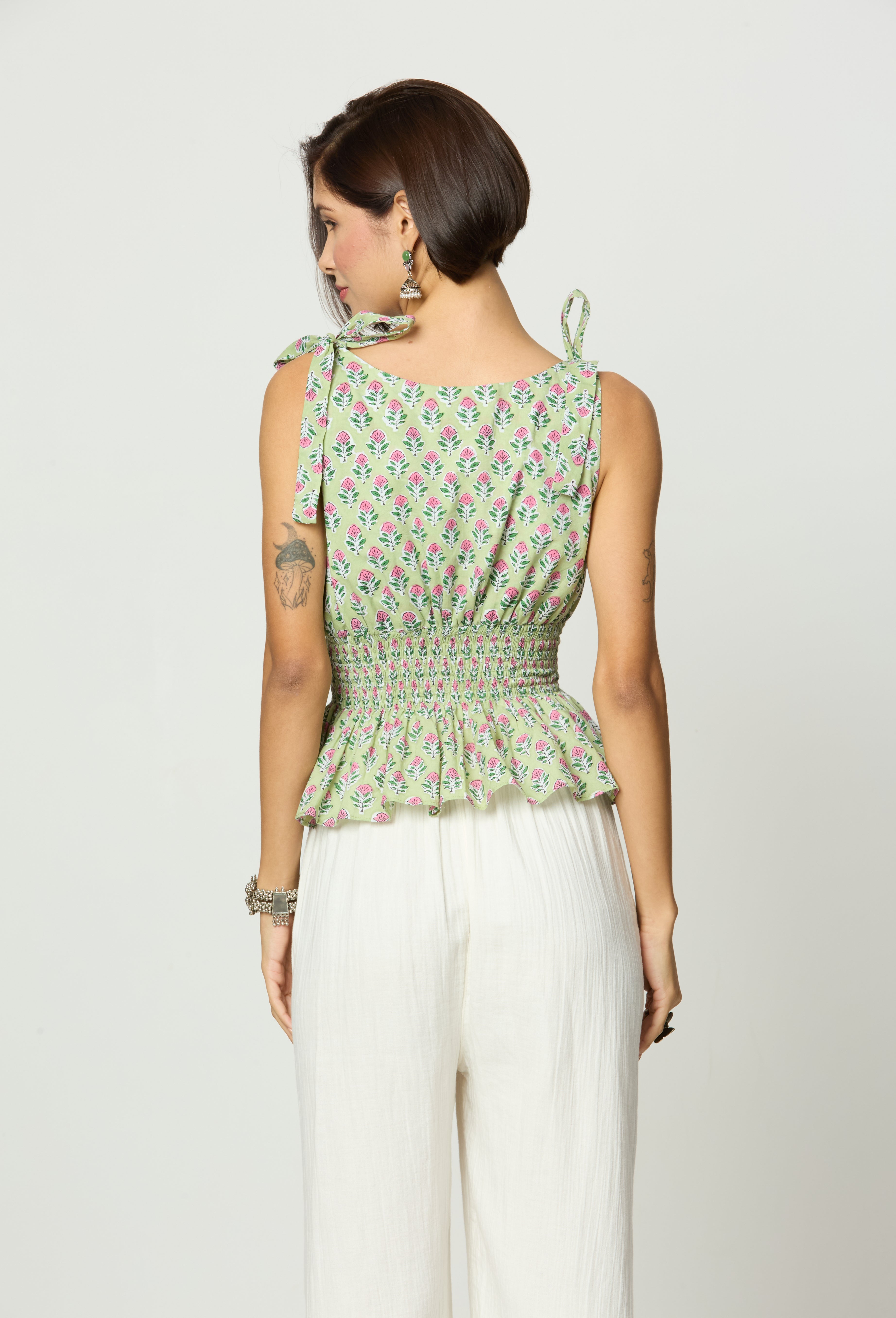 Light Green & Pink Floral Printed Smocked Tie-Up Top