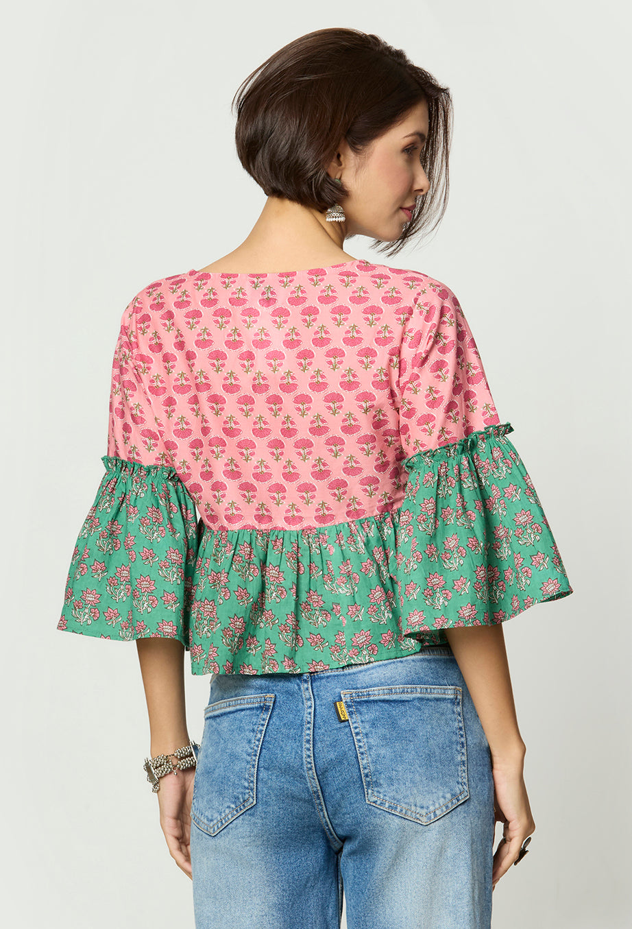 Pink and Green Floral printed Peplum Top