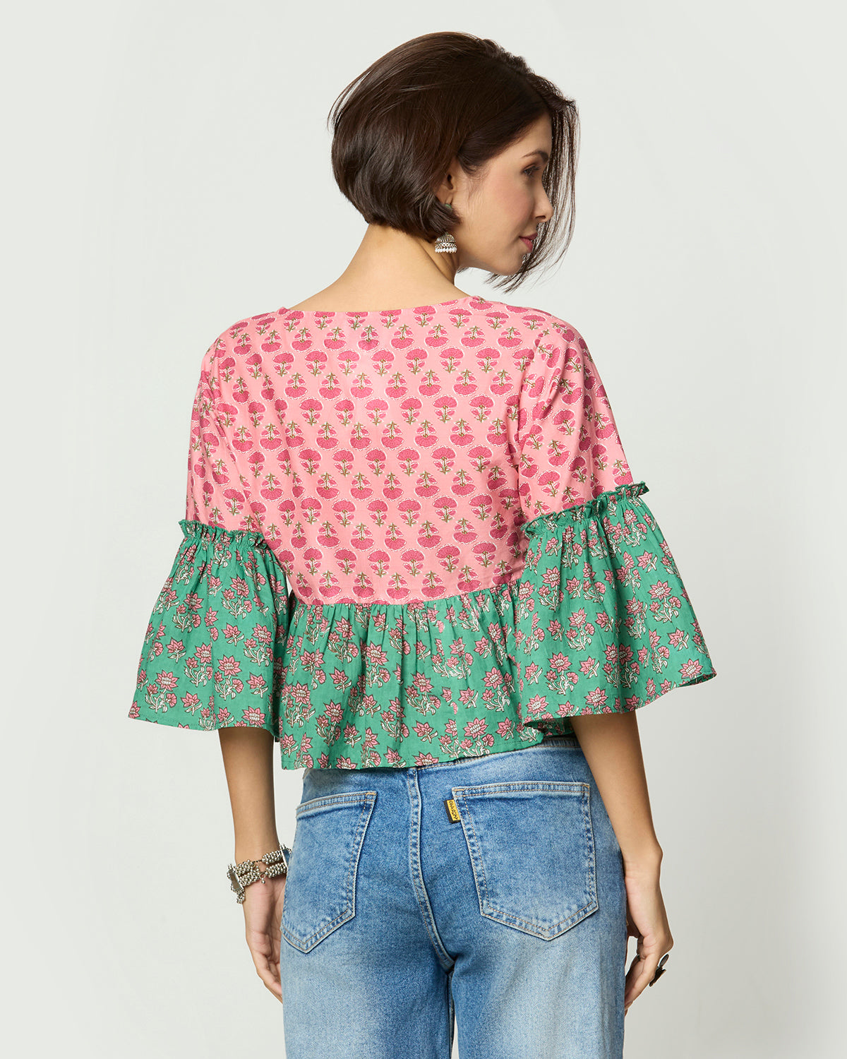 Pink and Green Floral printed Peplum Top