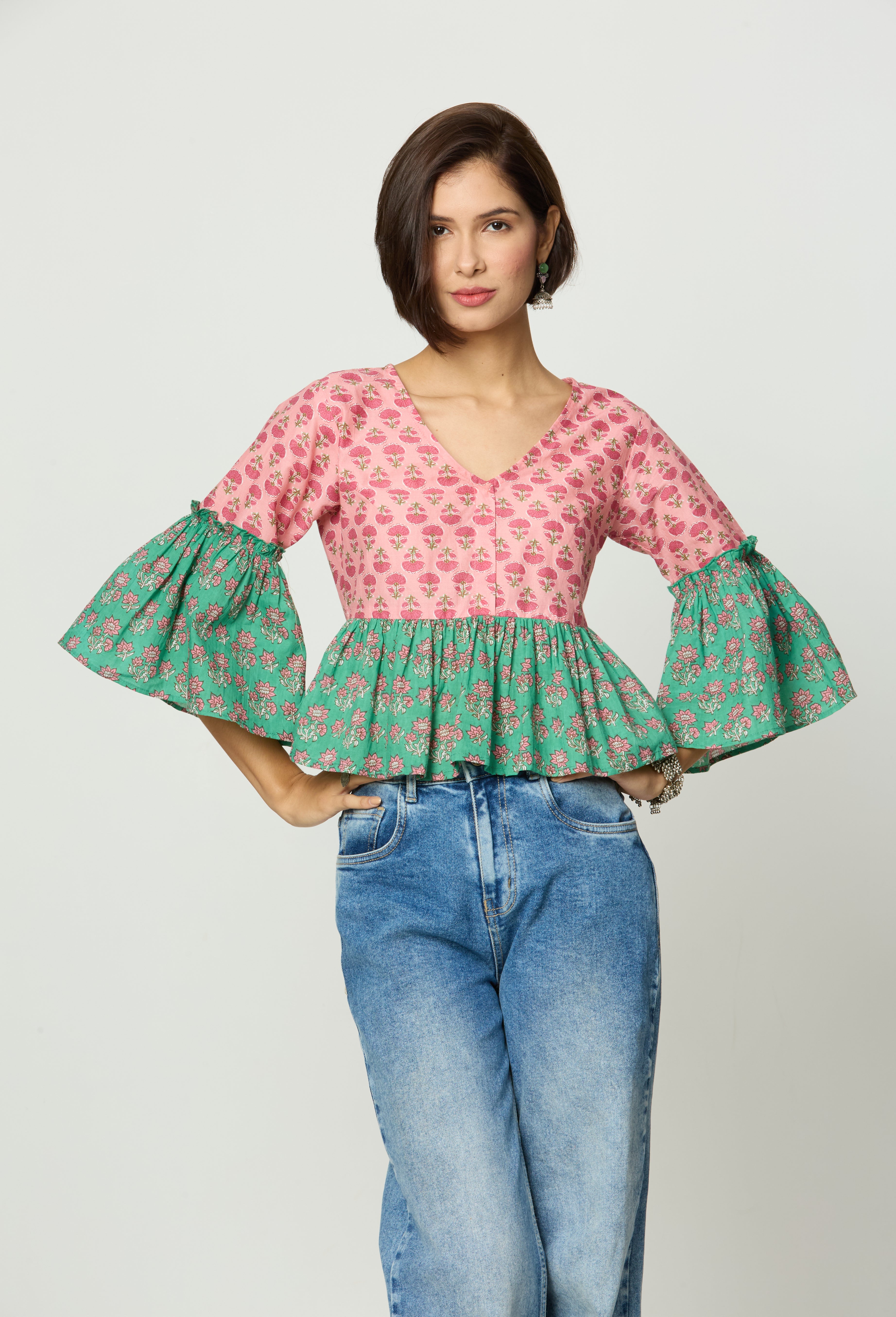 Pink and Green Floral printed Peplum Top