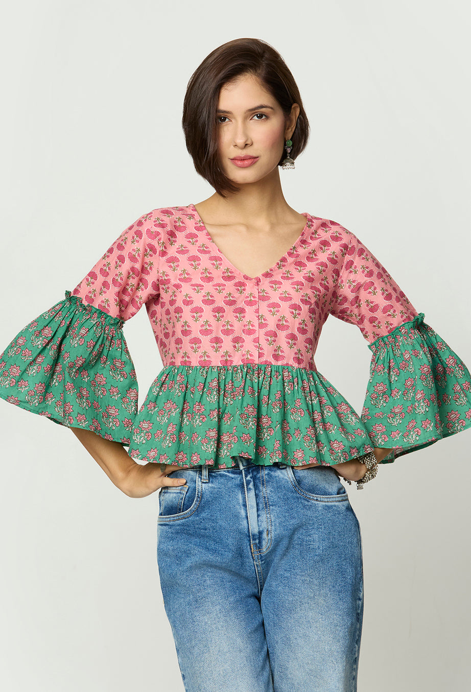 Pink and Green Floral printed Peplum Top