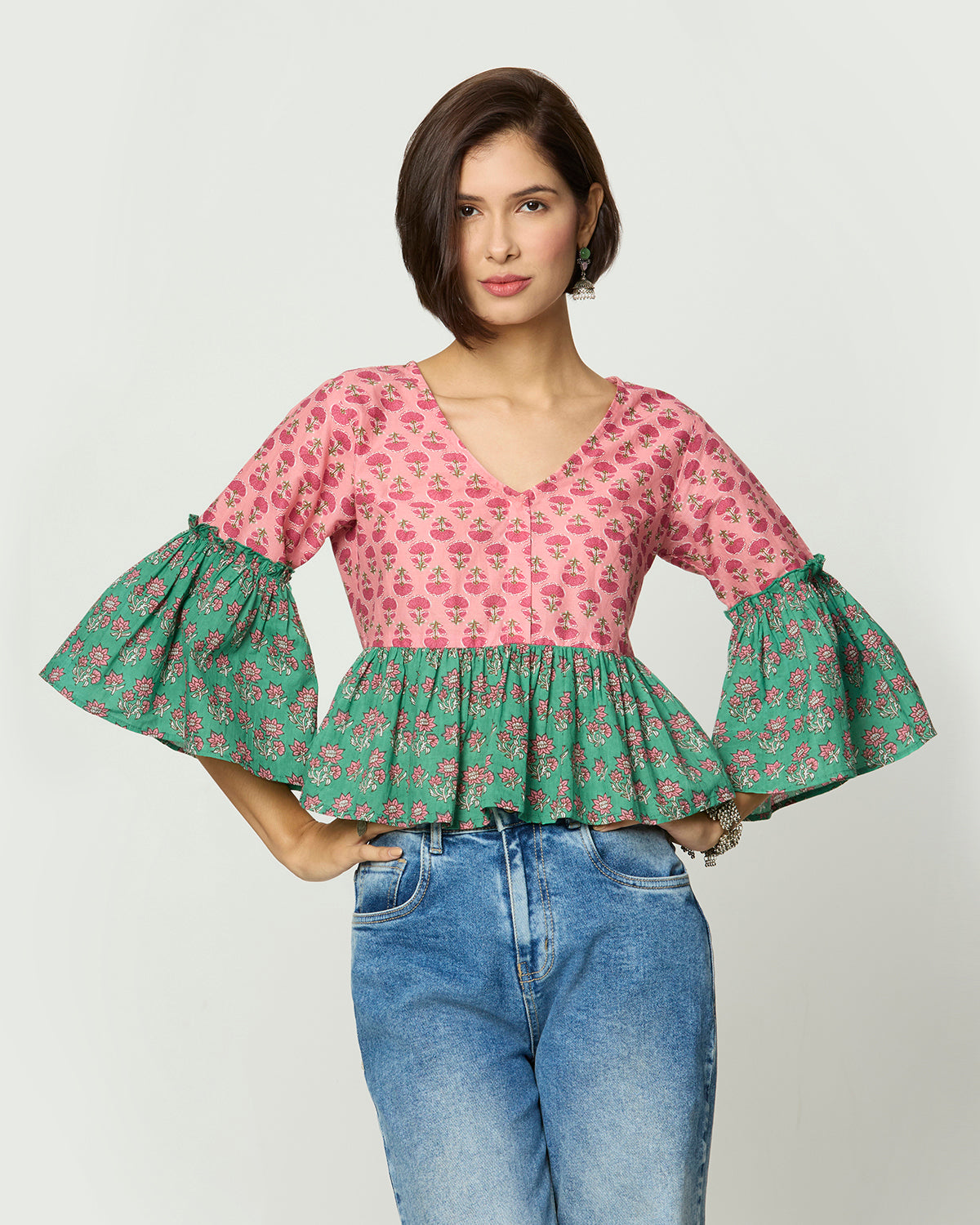 Pink and Green Floral printed Peplum Top