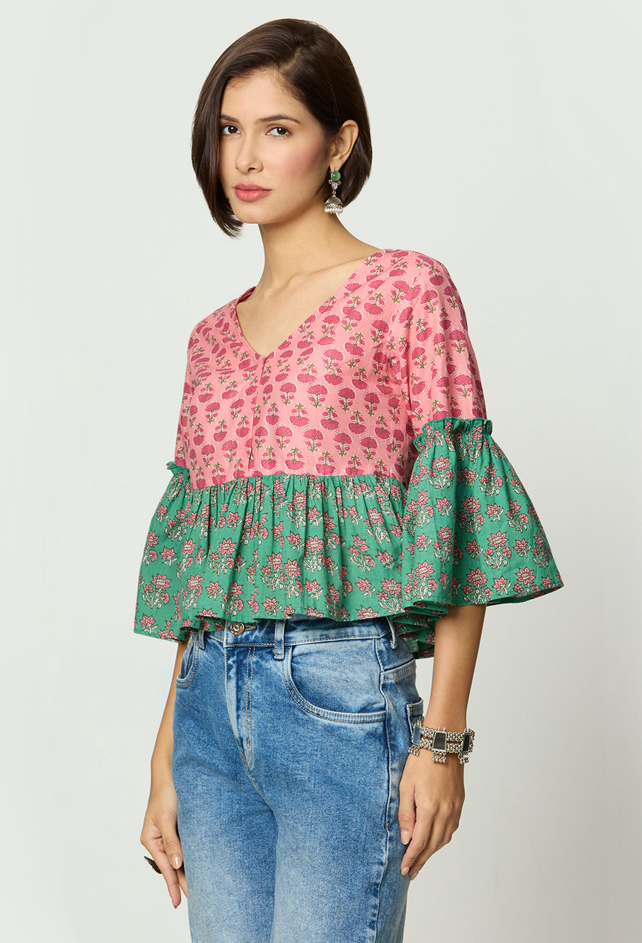 Pink and Green Floral printed Peplum Top