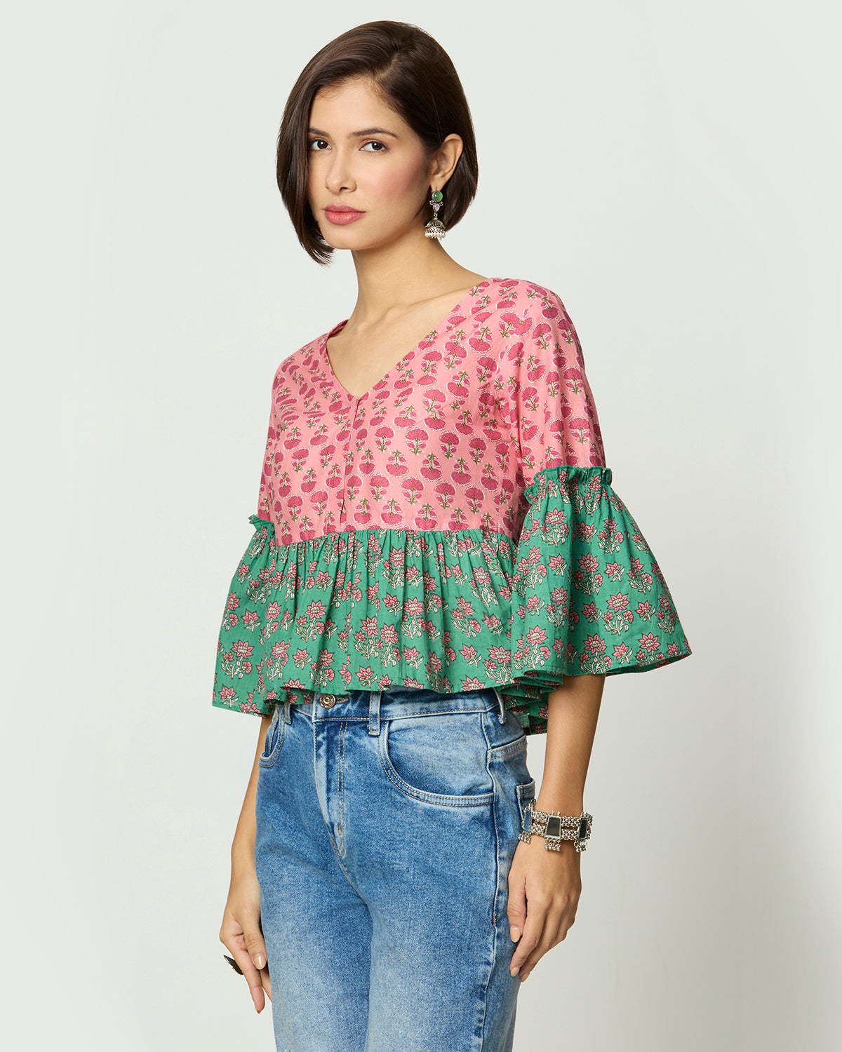 Pink and Green Floral printed Peplum Top