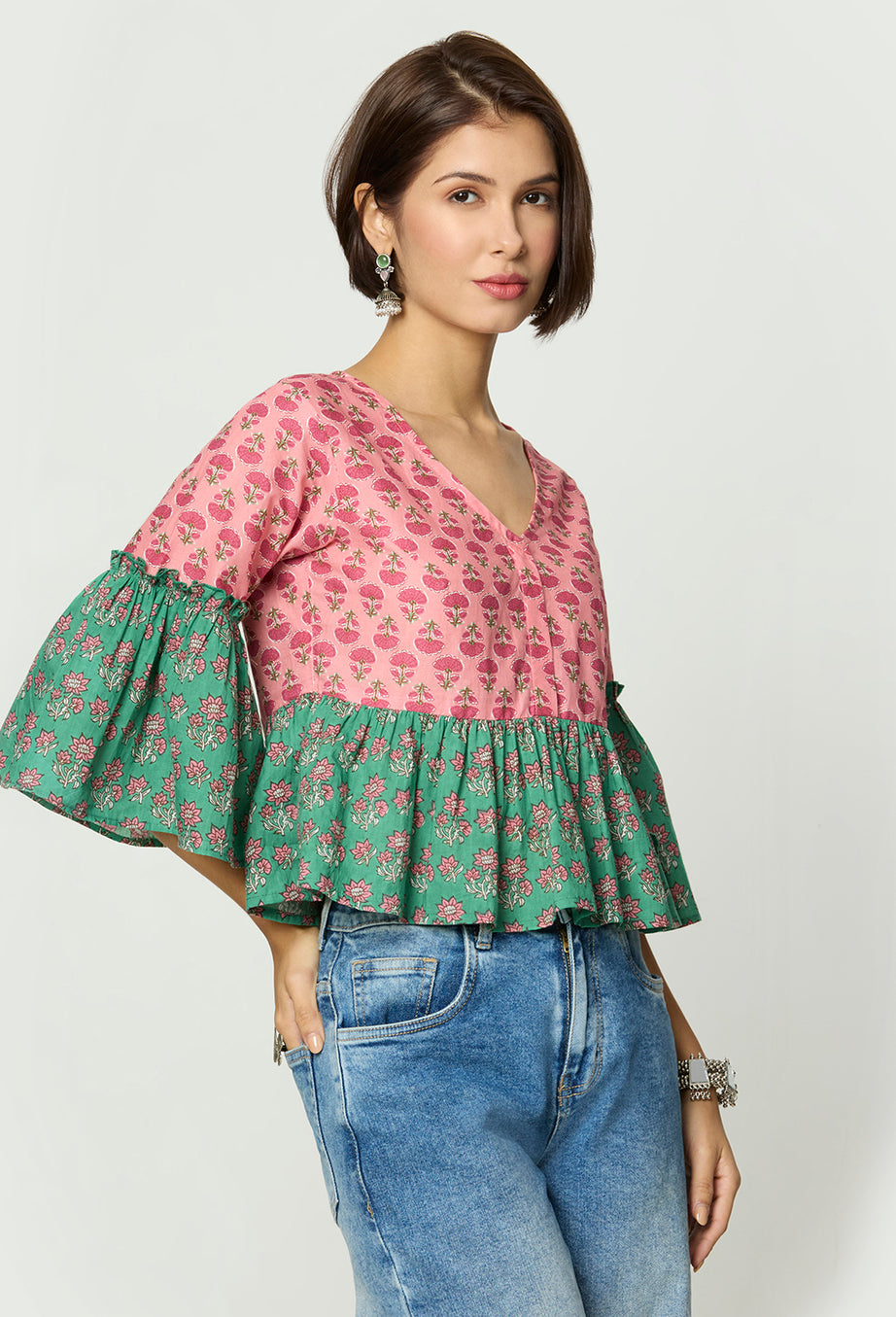 Pink and Green Floral printed Peplum Top