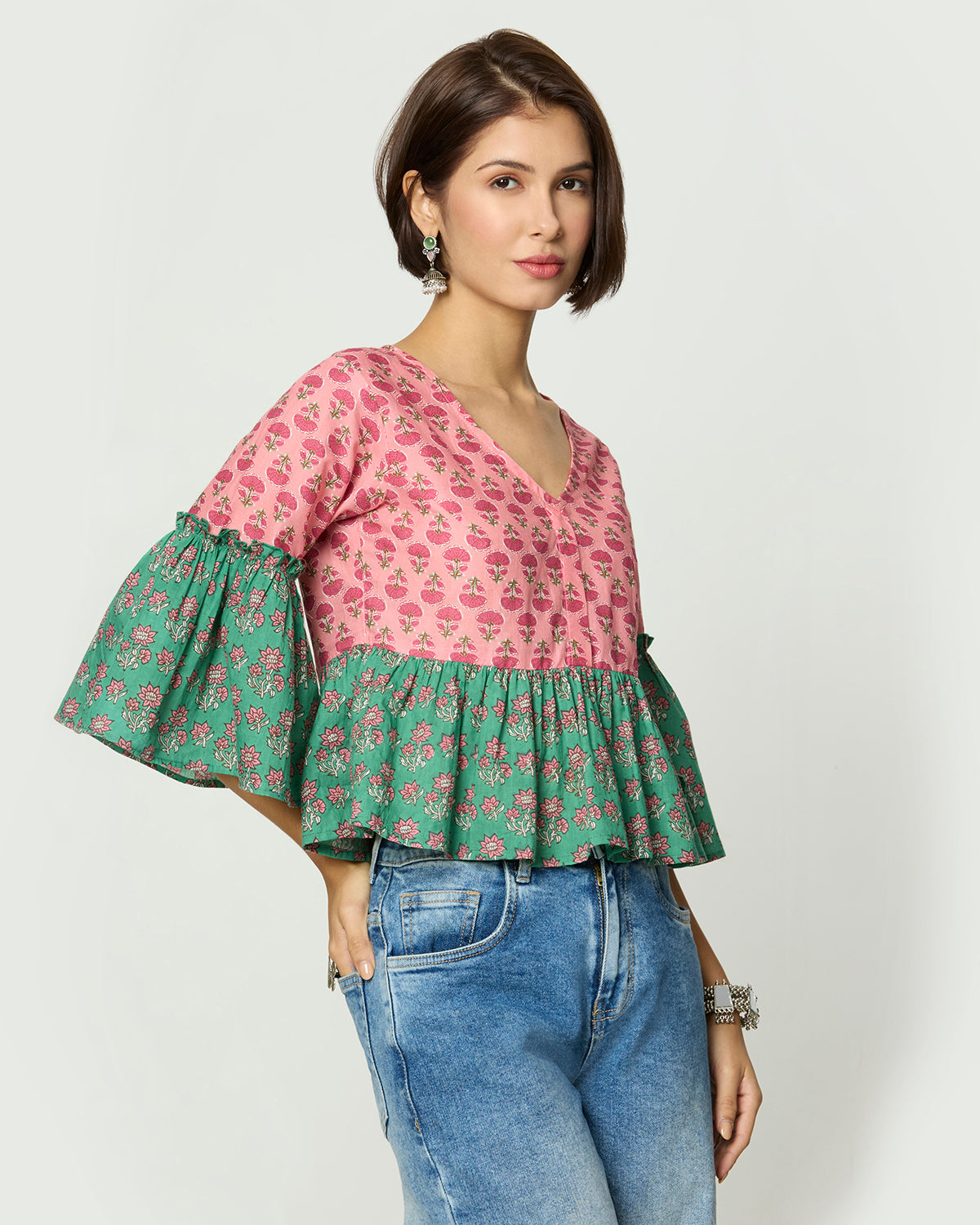 Pink and Green Floral printed Peplum Top
