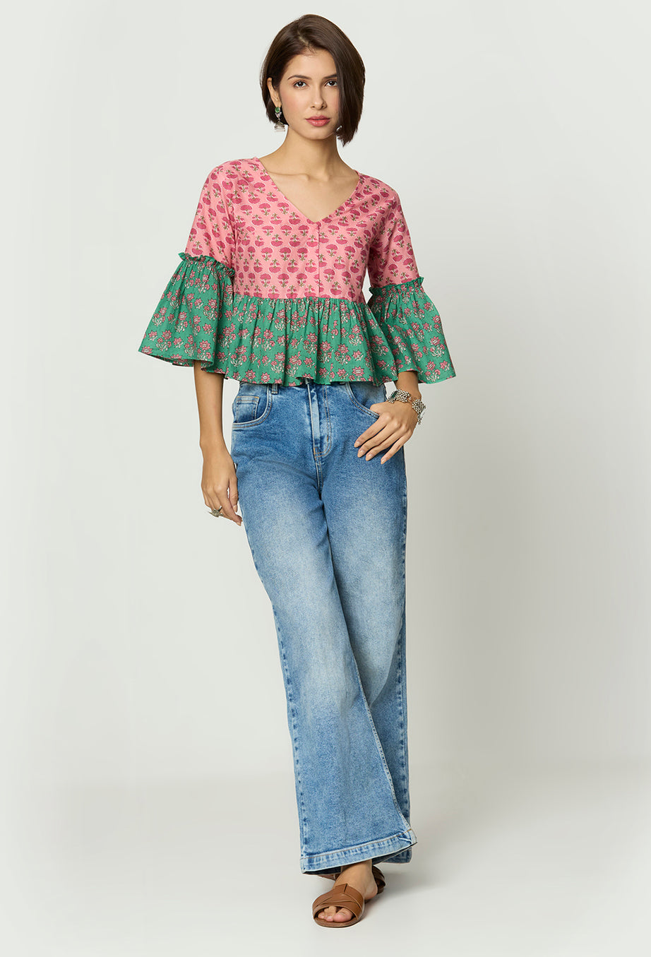 Pink and Green Floral printed Peplum Top