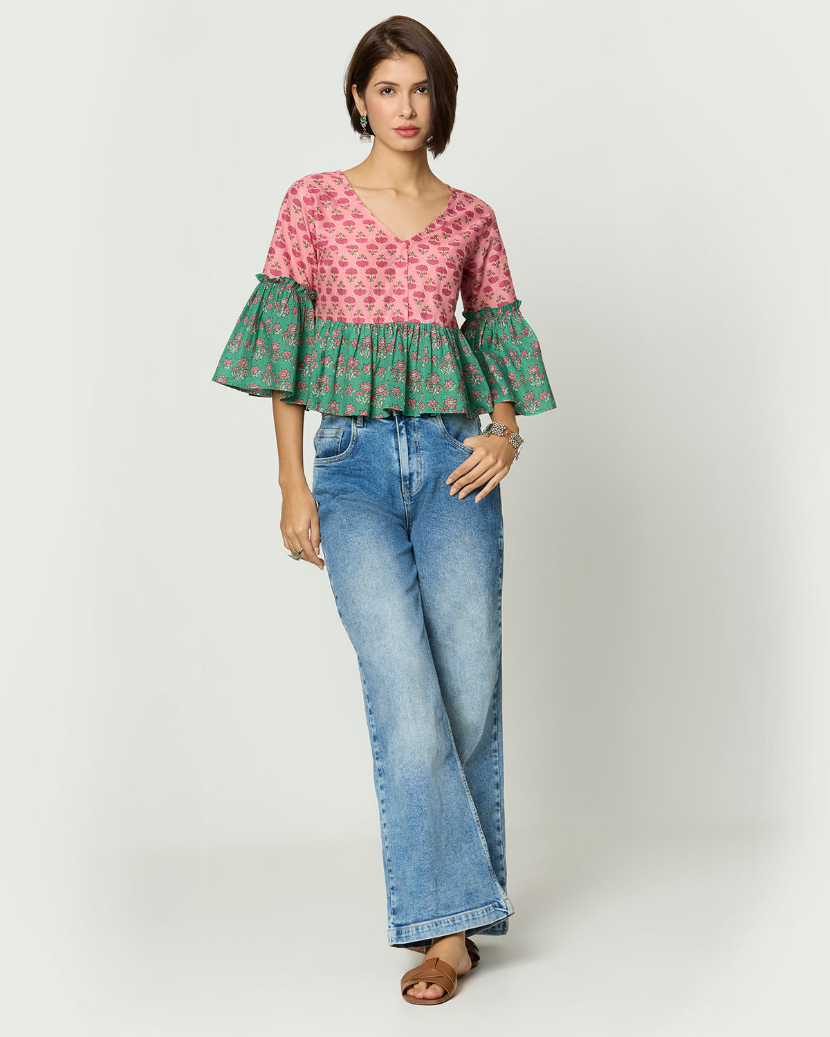 Pink and Green Floral printed Peplum Top Desi Core