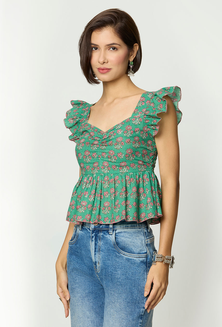 Green Floral Printed Sweetheart Neckline Peplum Top