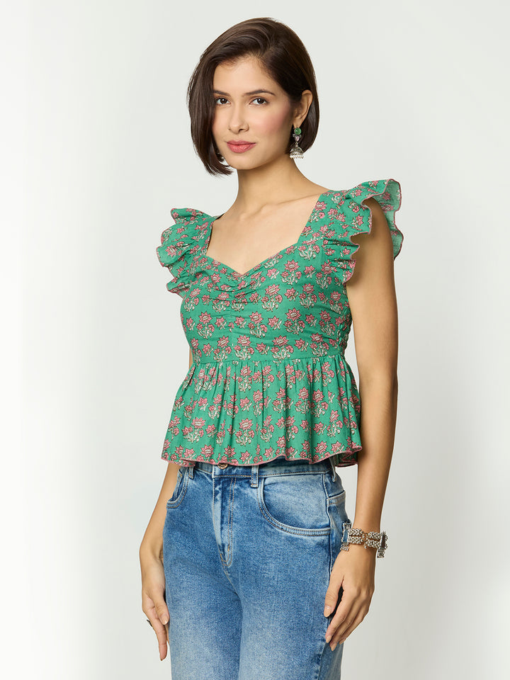 Green Floral Printed Sweetheart Neckline Peplum Top Desi Core