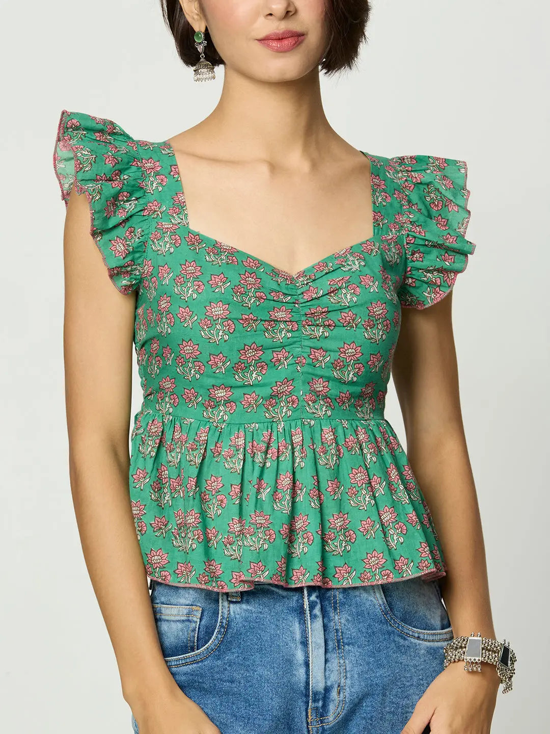 Green Floral Printed Sweetheart Neckline Peplum Top with Back Smocking Desi Core