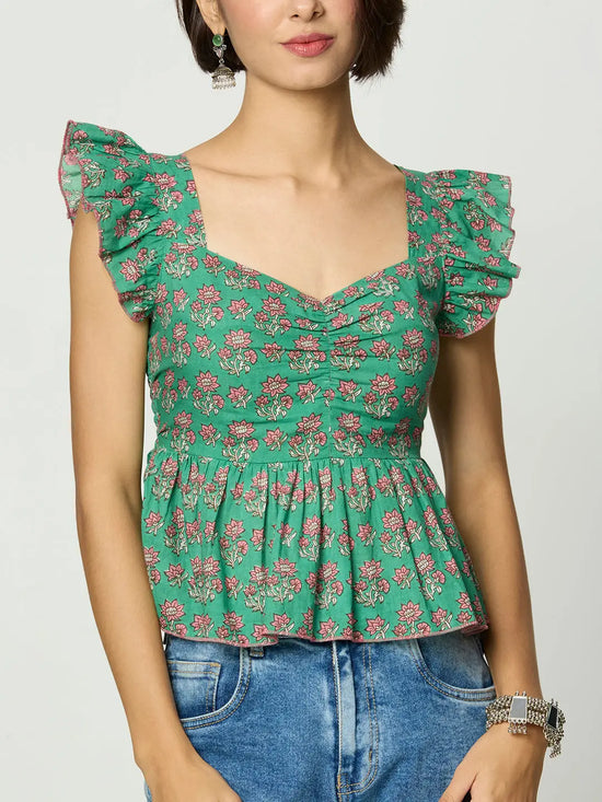 Green Floral Printed Sweetheart Neckline Peplum Top with Back Smocking Desi Core