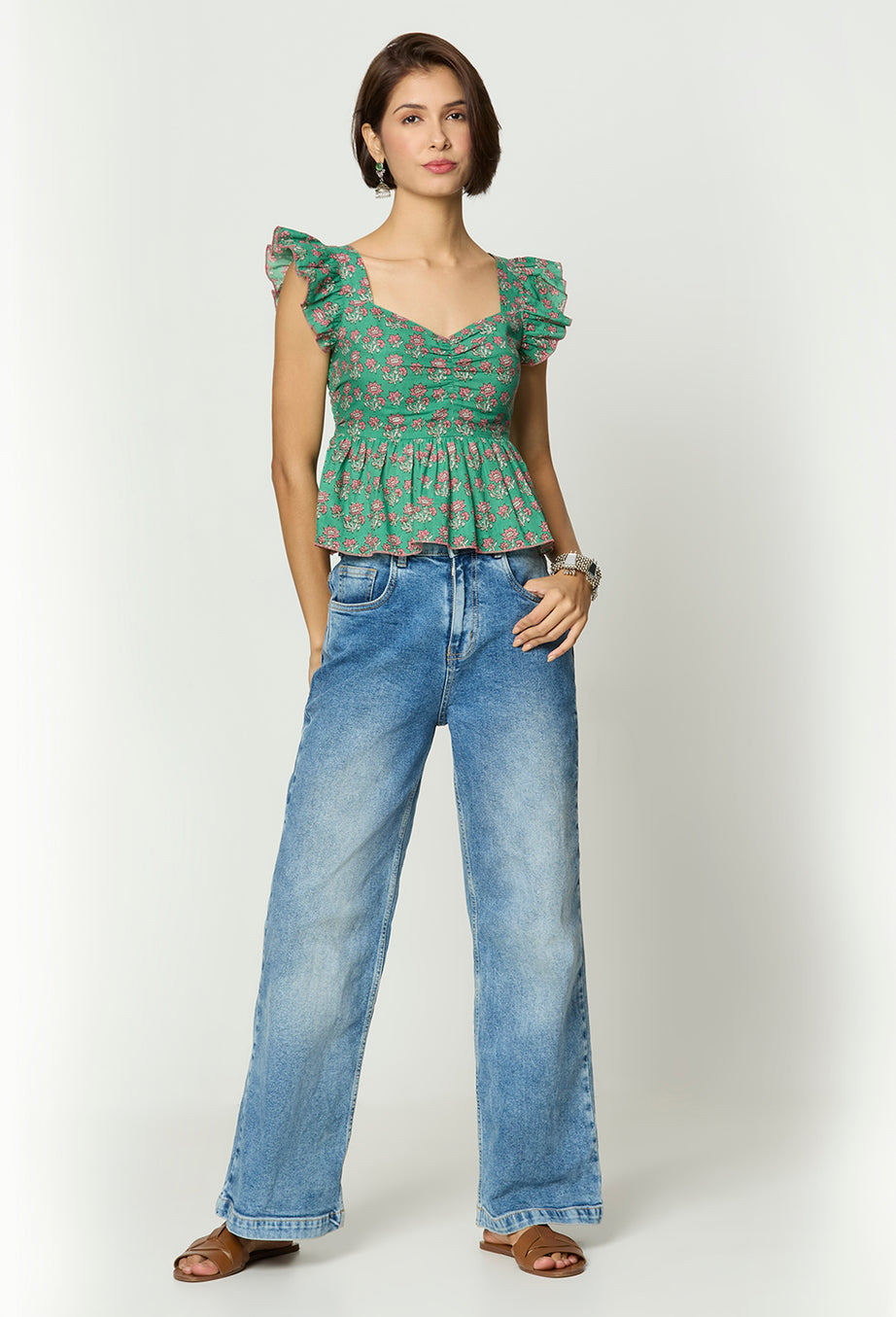 Green Floral Printed Sweetheart Neckline Peplum Top