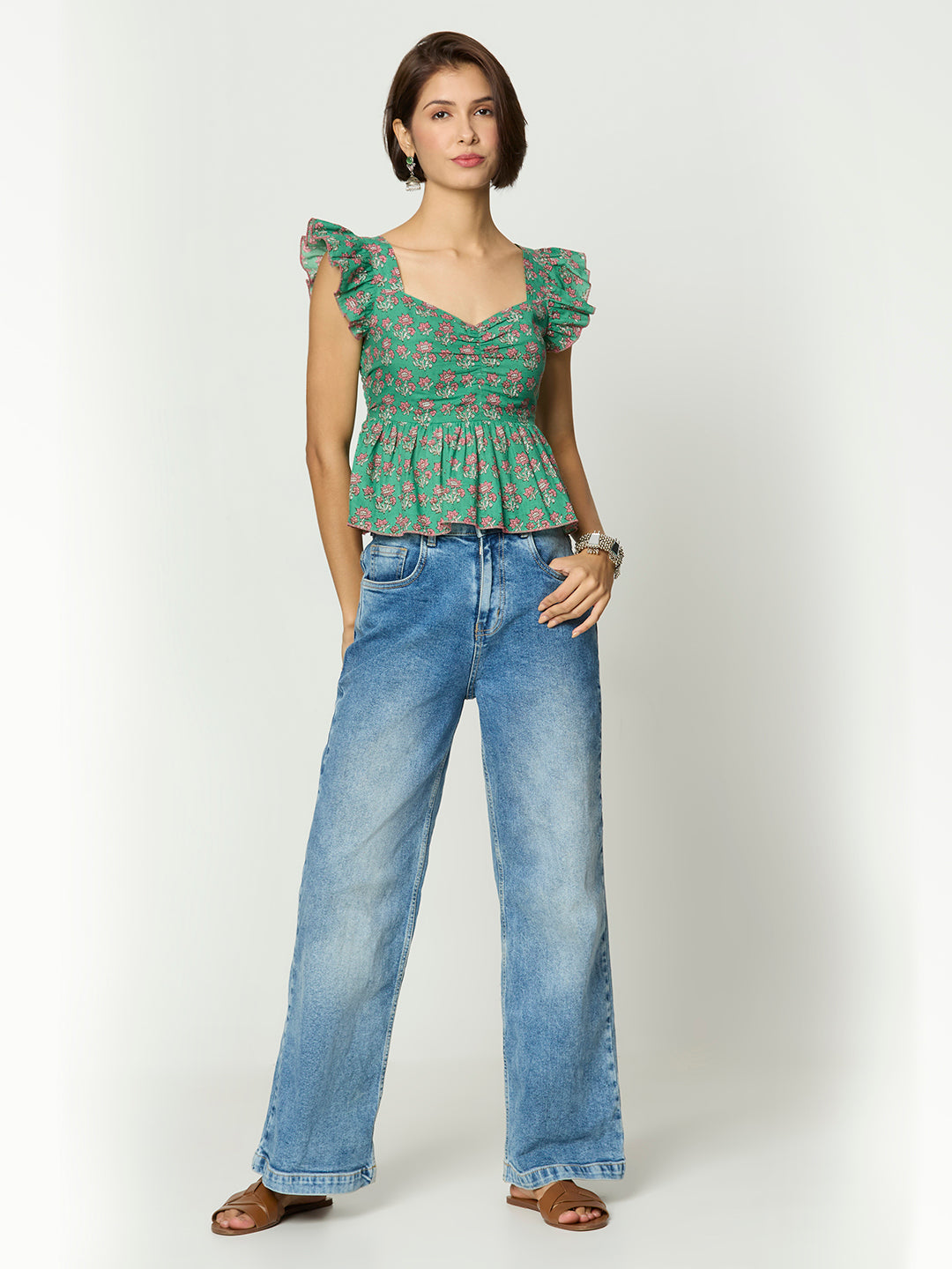 Green Floral Printed Sweetheart Neckline Peplum Top