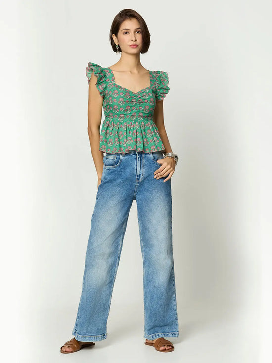 Green Floral Printed Sweetheart Neckline Peplum Top with Back Smocking Desi Core