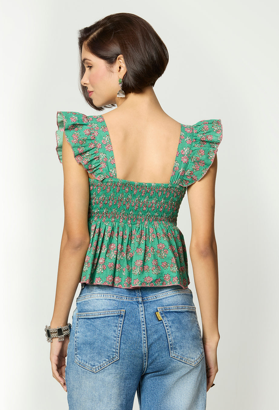 Green Floral Printed Sweetheart Neckline Peplum Top