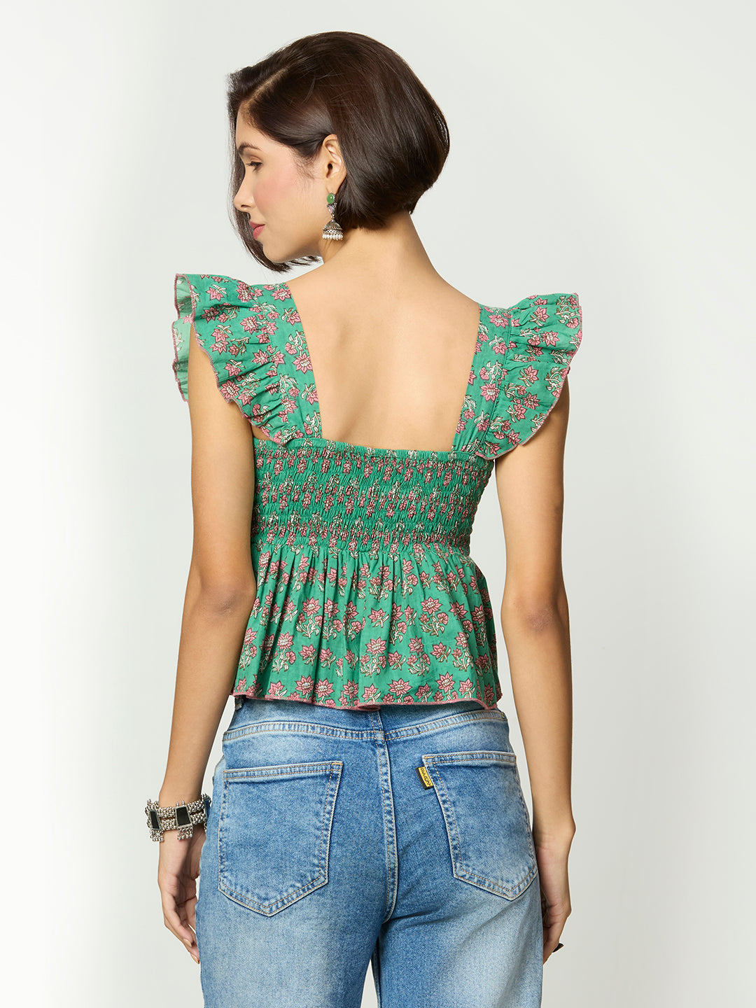 Green Floral Printed Sweetheart Neckline Peplum Top