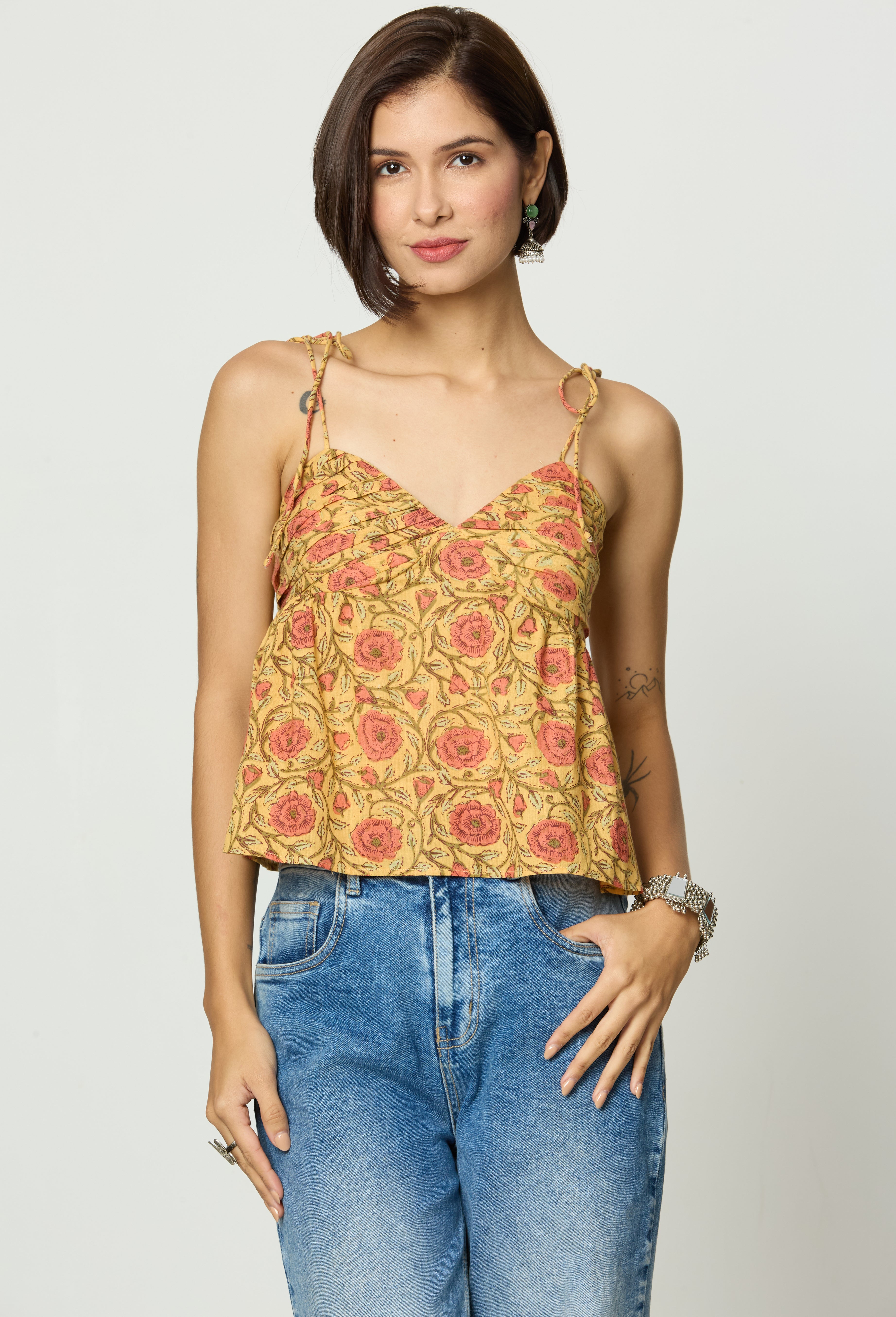 Mustard Yellow Floral Printed Back Smocking Tie Up Top