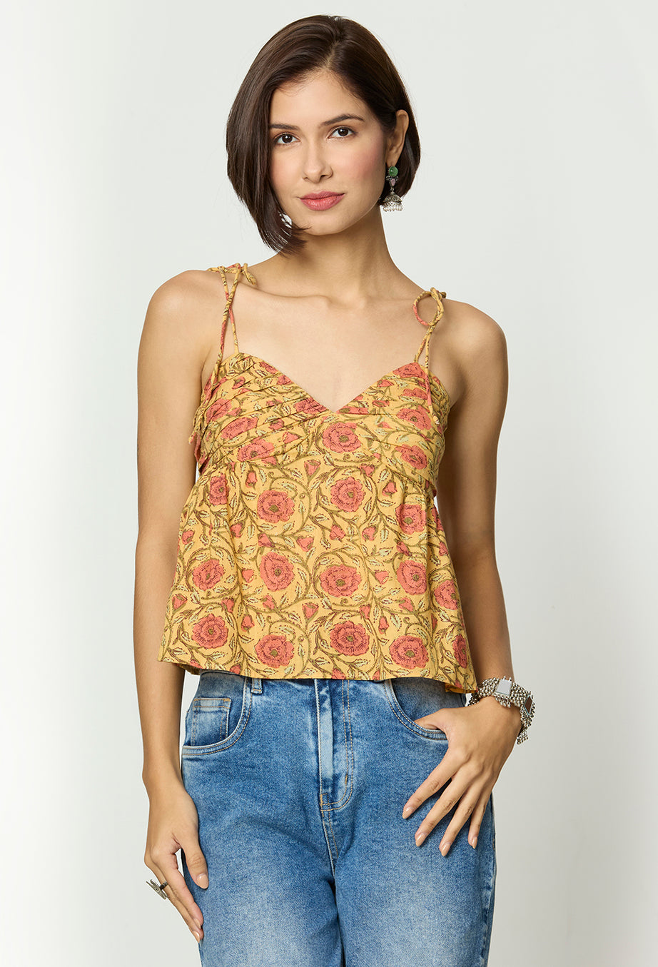 Mustard Yellow Floral Printed Back Smocking Tie Up Top