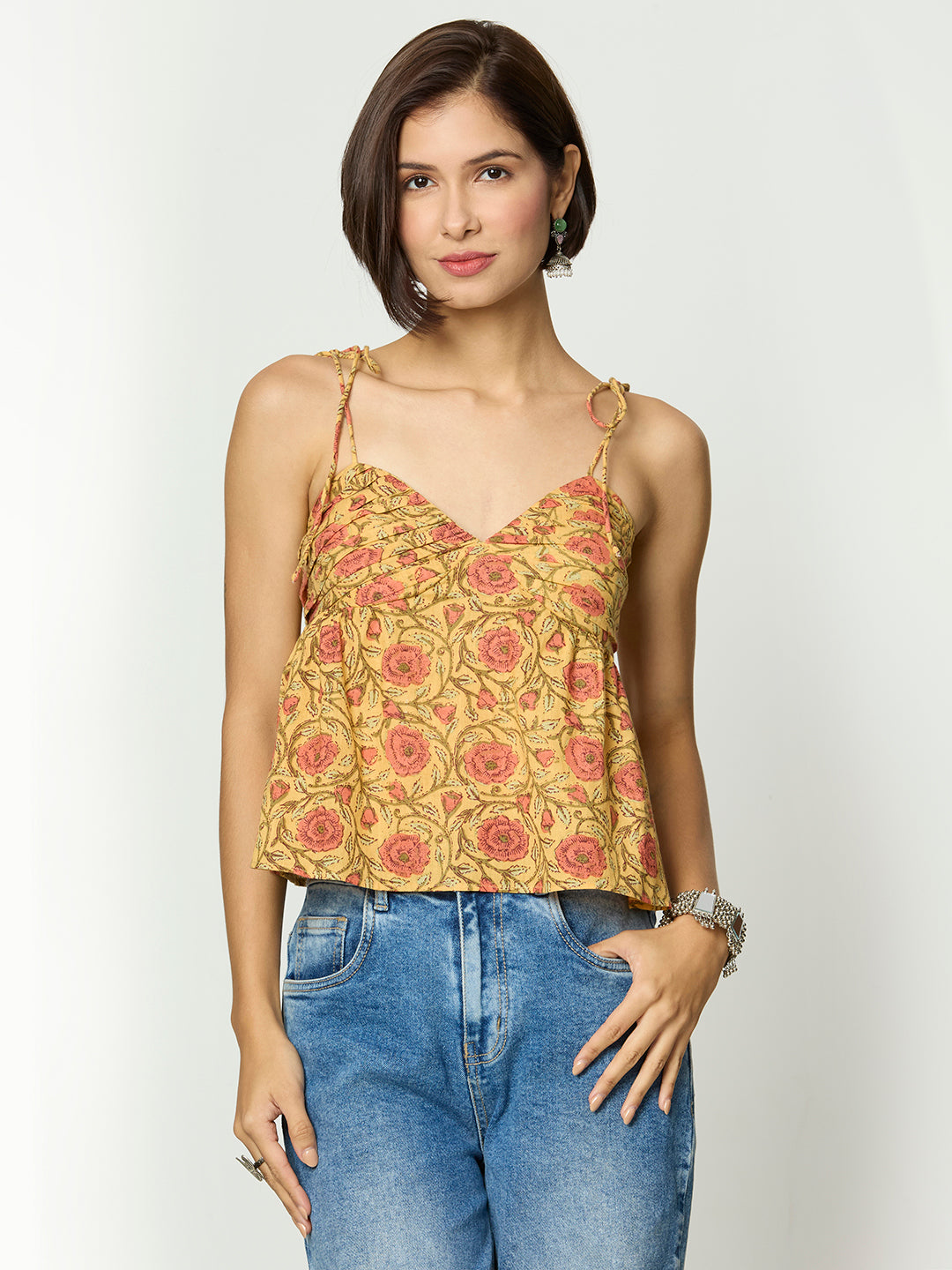 Mustard Yellow Floral Printed Back Smocking Tie Up Top