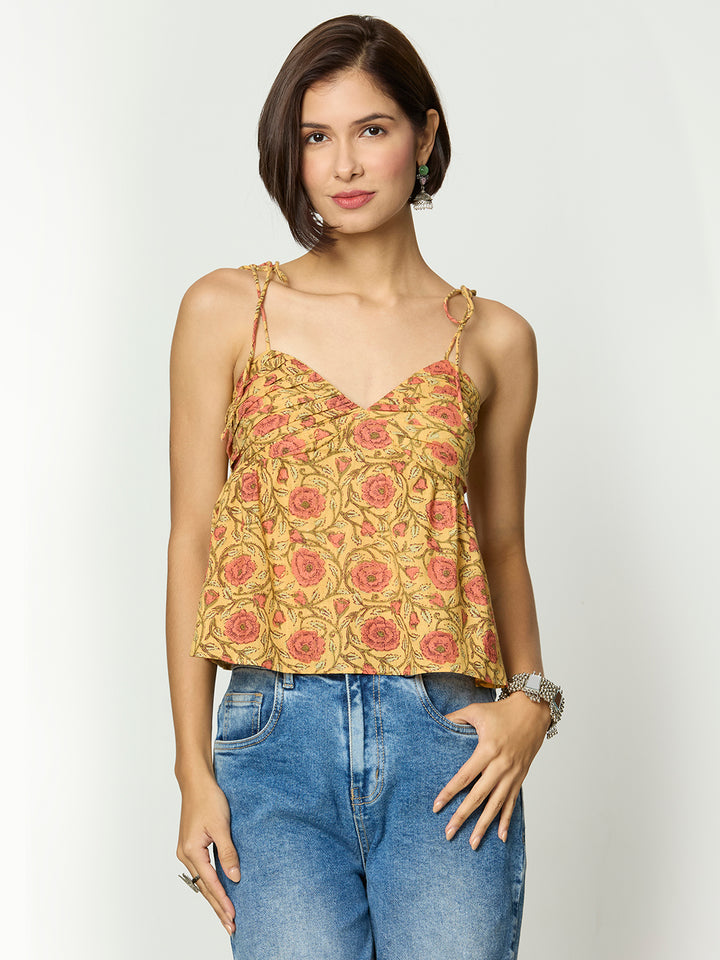 Mustard Yellow Floral Printed Back Smocking Tie Up Top Desi Core