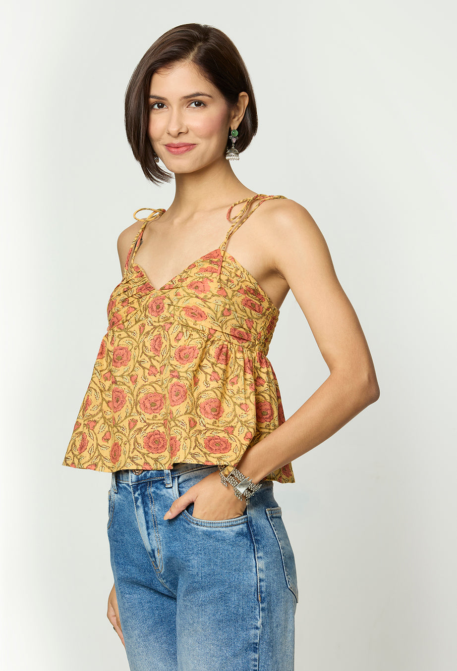 Mustard Yellow Floral Printed Back Smocking Tie Up Top