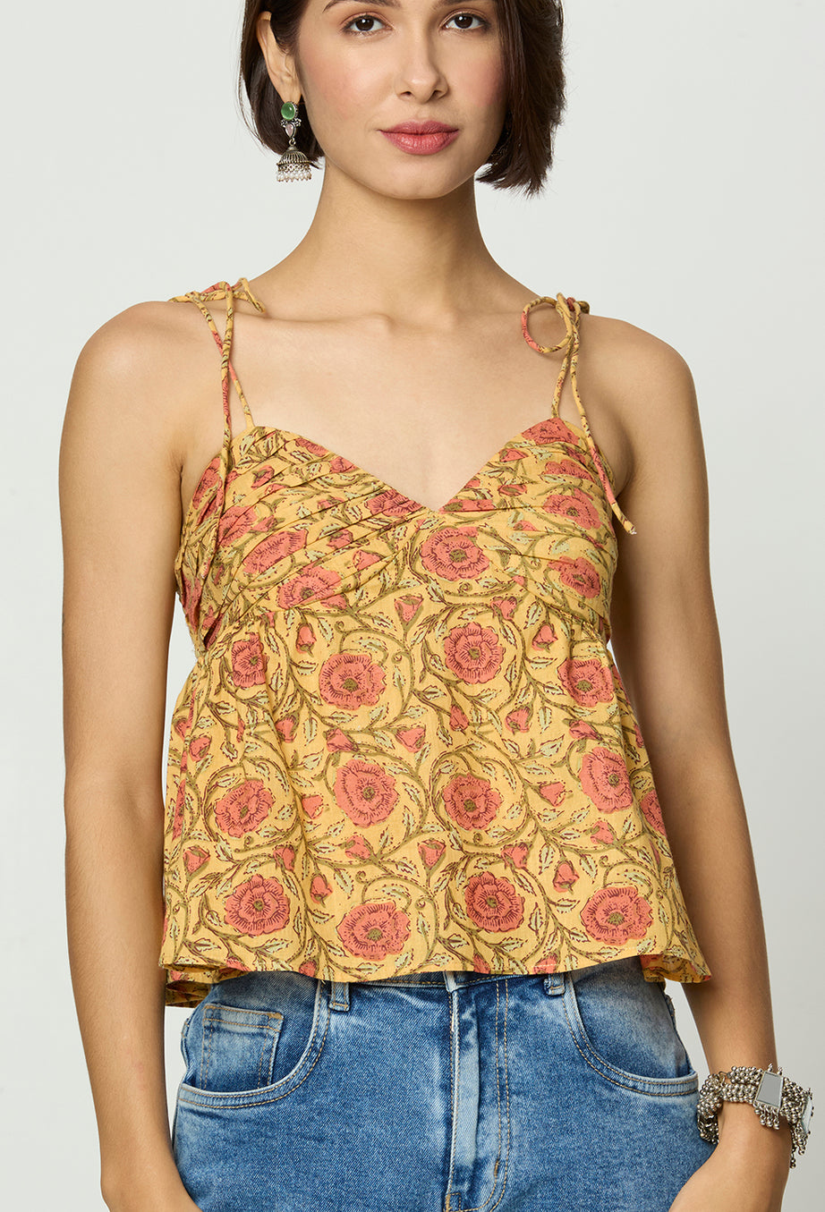 Mustard Yellow Floral Printed Back Smocking Tie Up Top
